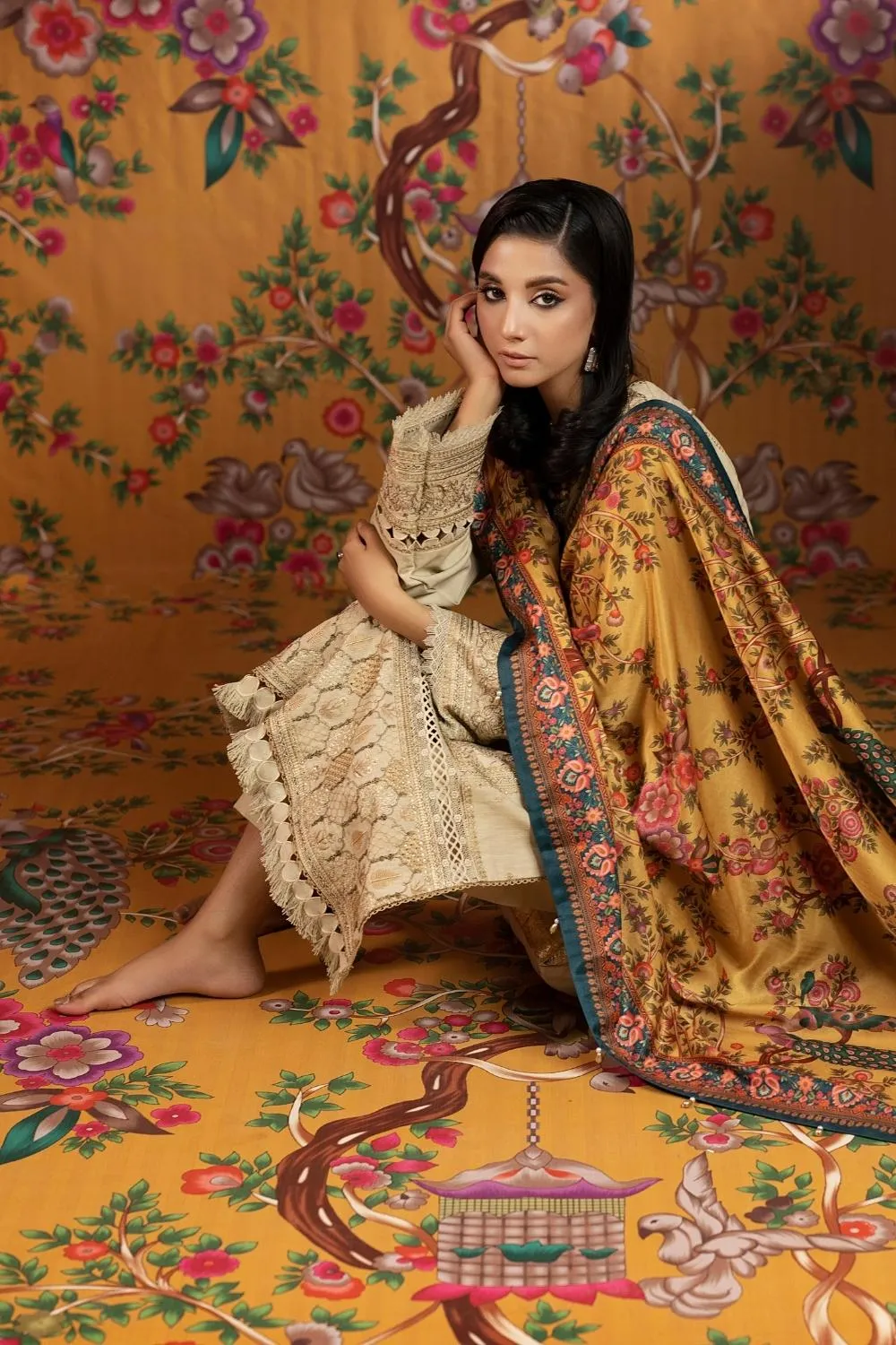 3PC Unstitched | Embroidered Khaddar Shirt  Printed Twill Shawl  Trouser