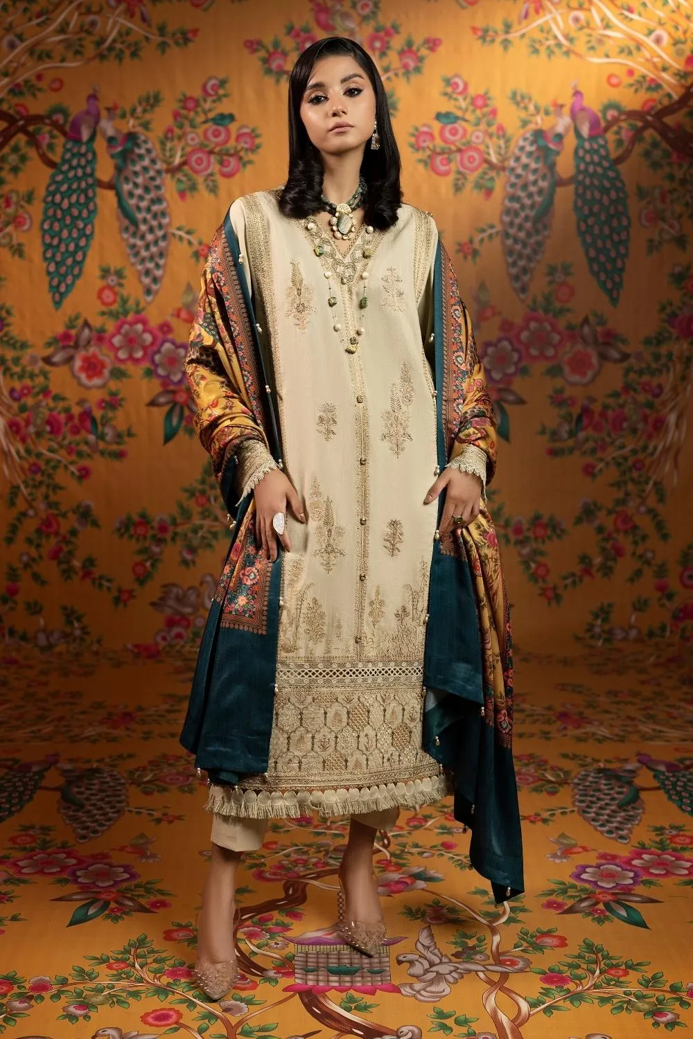 3PC Unstitched | Embroidered Khaddar Shirt  Printed Twill Shawl  Trouser