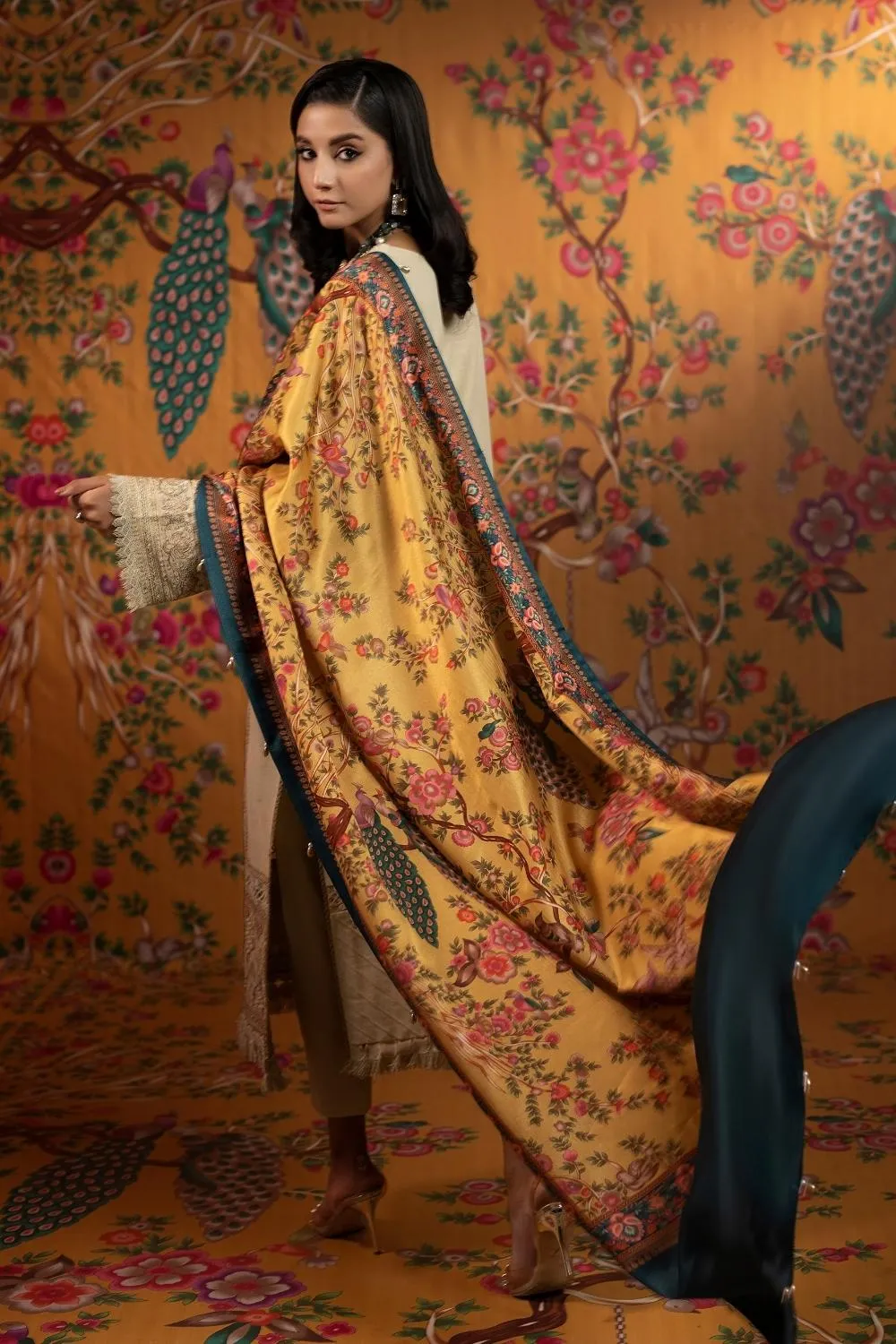 3PC Unstitched | Embroidered Khaddar Shirt  Printed Twill Shawl  Trouser
