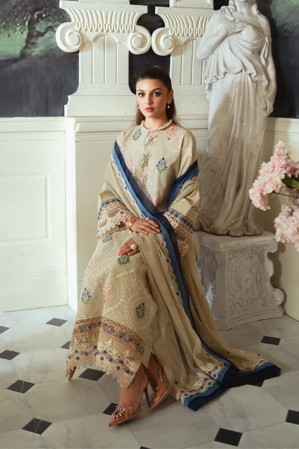 3PC Unstitched | Embroidered Lawn Suit | Chiffon Dupatta