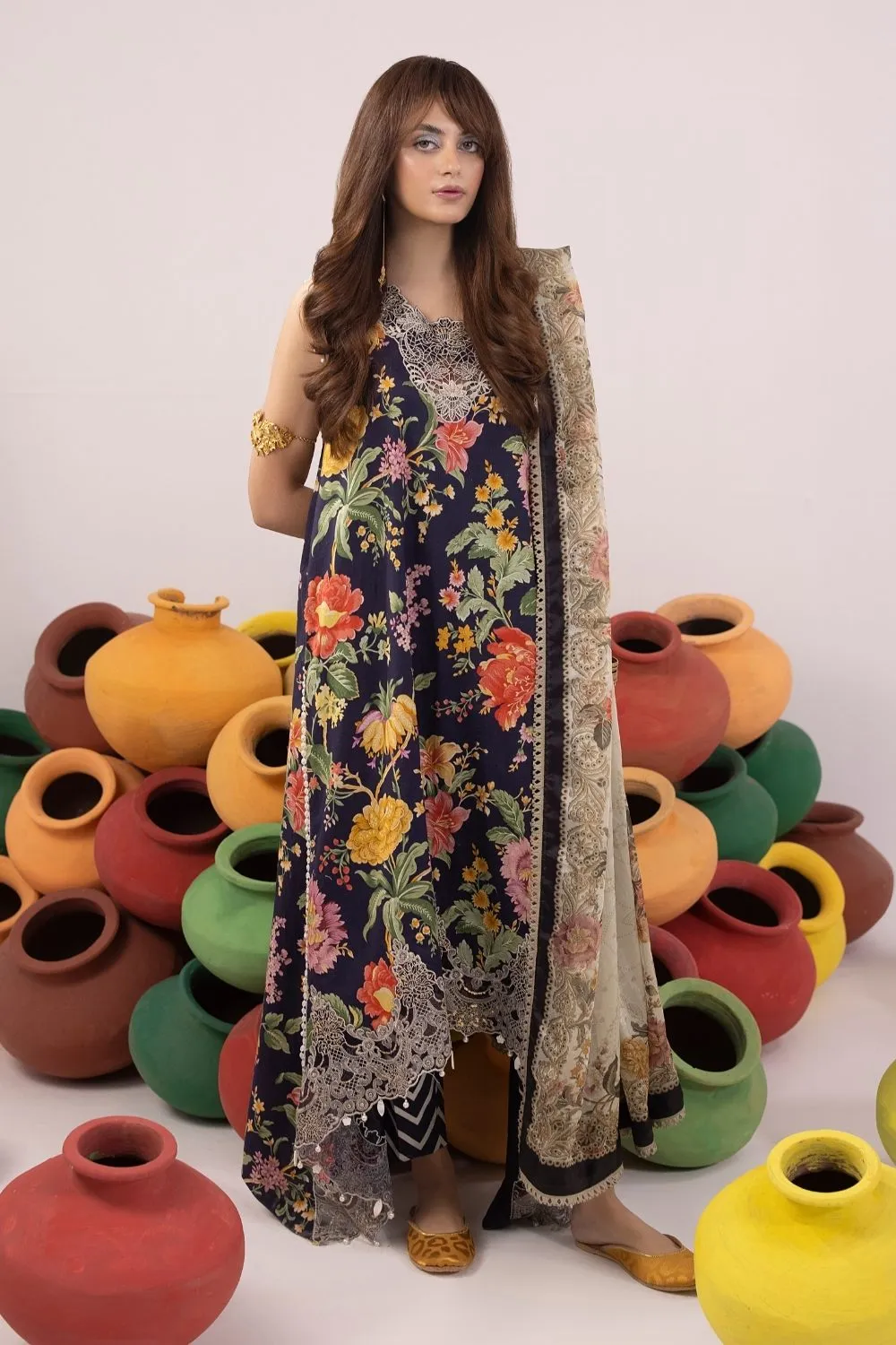3PC Unstitched | Embroidered Lawn Suit | Chiffon Dupatta