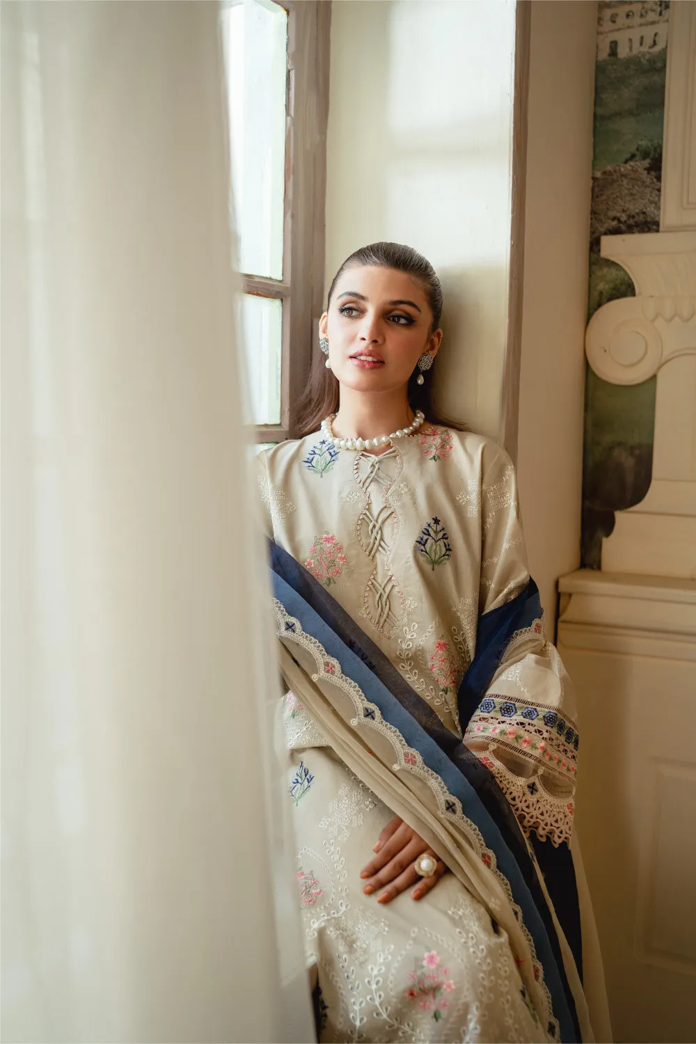 3PC Unstitched | Embroidered Lawn Suit | Chiffon Dupatta