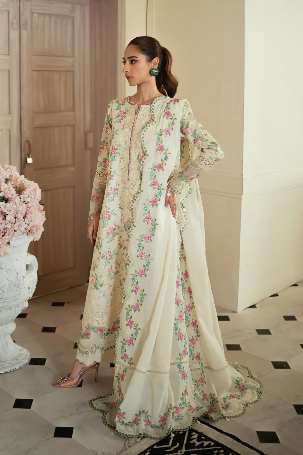 3PC Unstitched | Embroidered Lawn Suit | Embroidered Dobby Dupatta