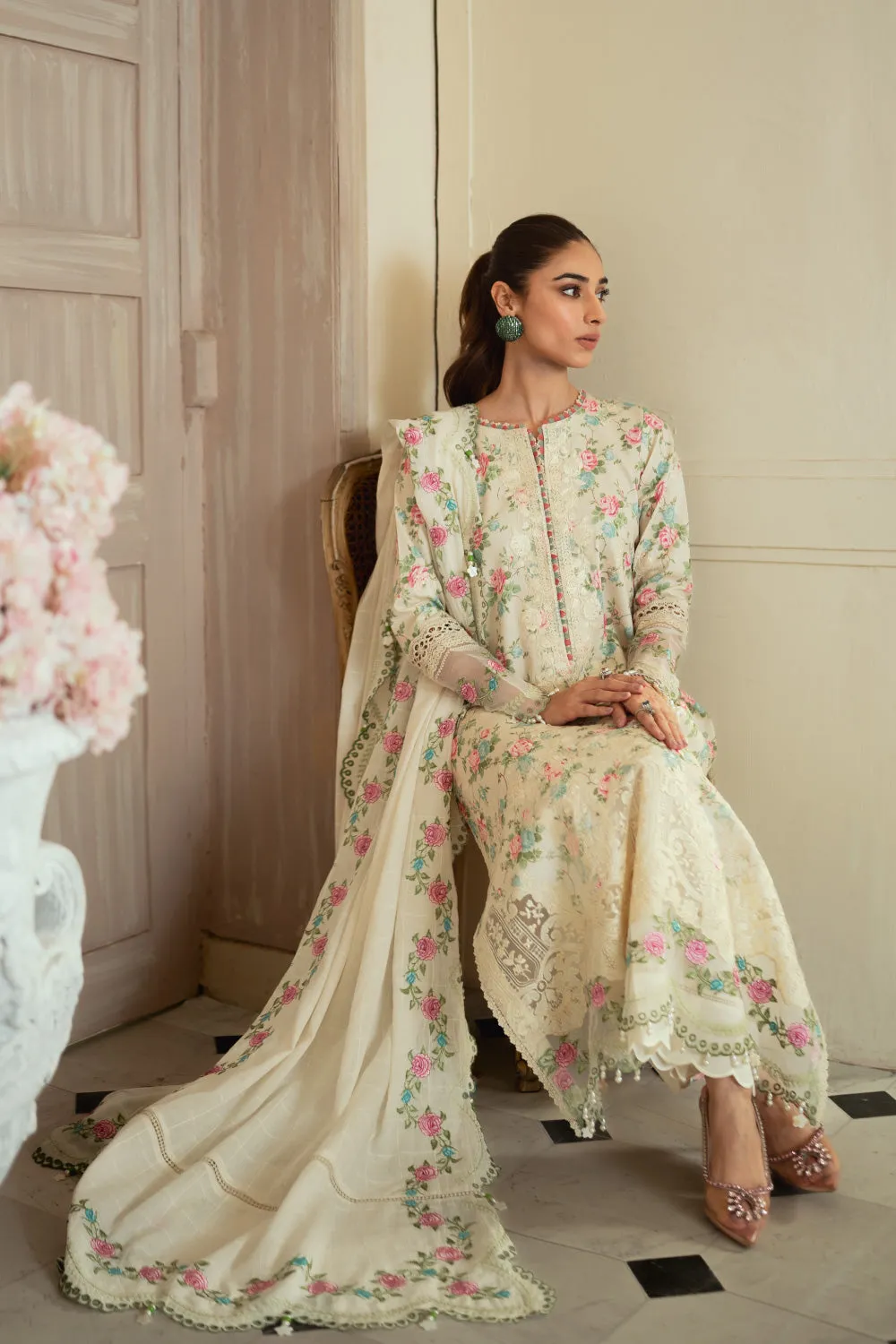 3PC Unstitched | Embroidered Lawn Suit | Embroidered Dobby Dupatta