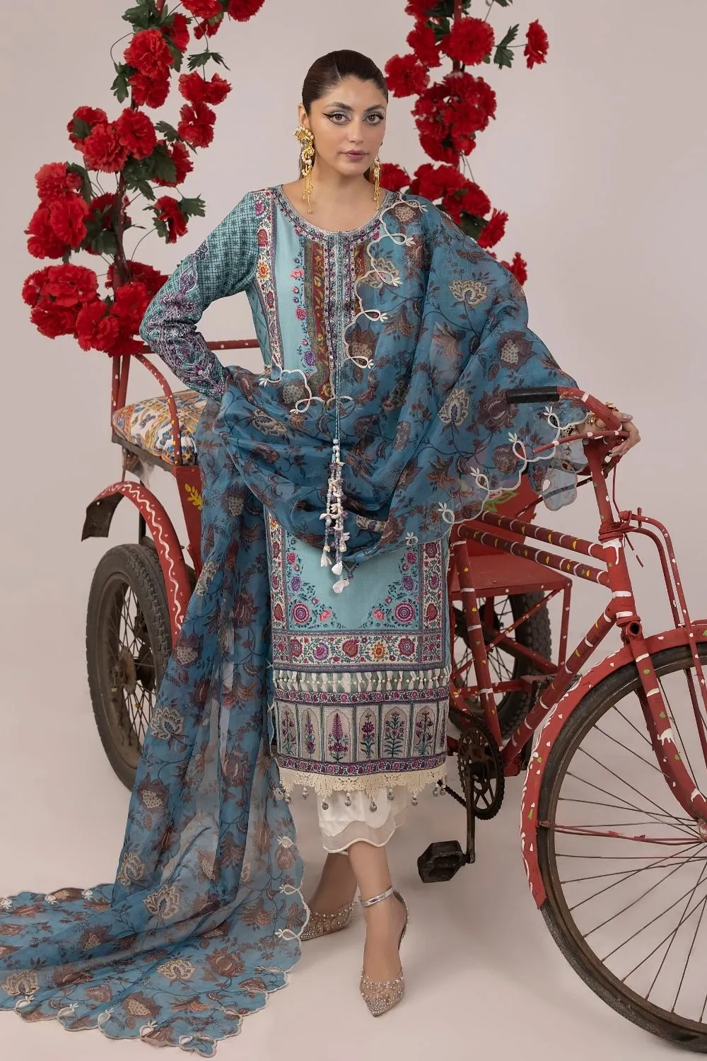 3PC Unstitched | Embroidered Lawn Suit | Organza Dupatta