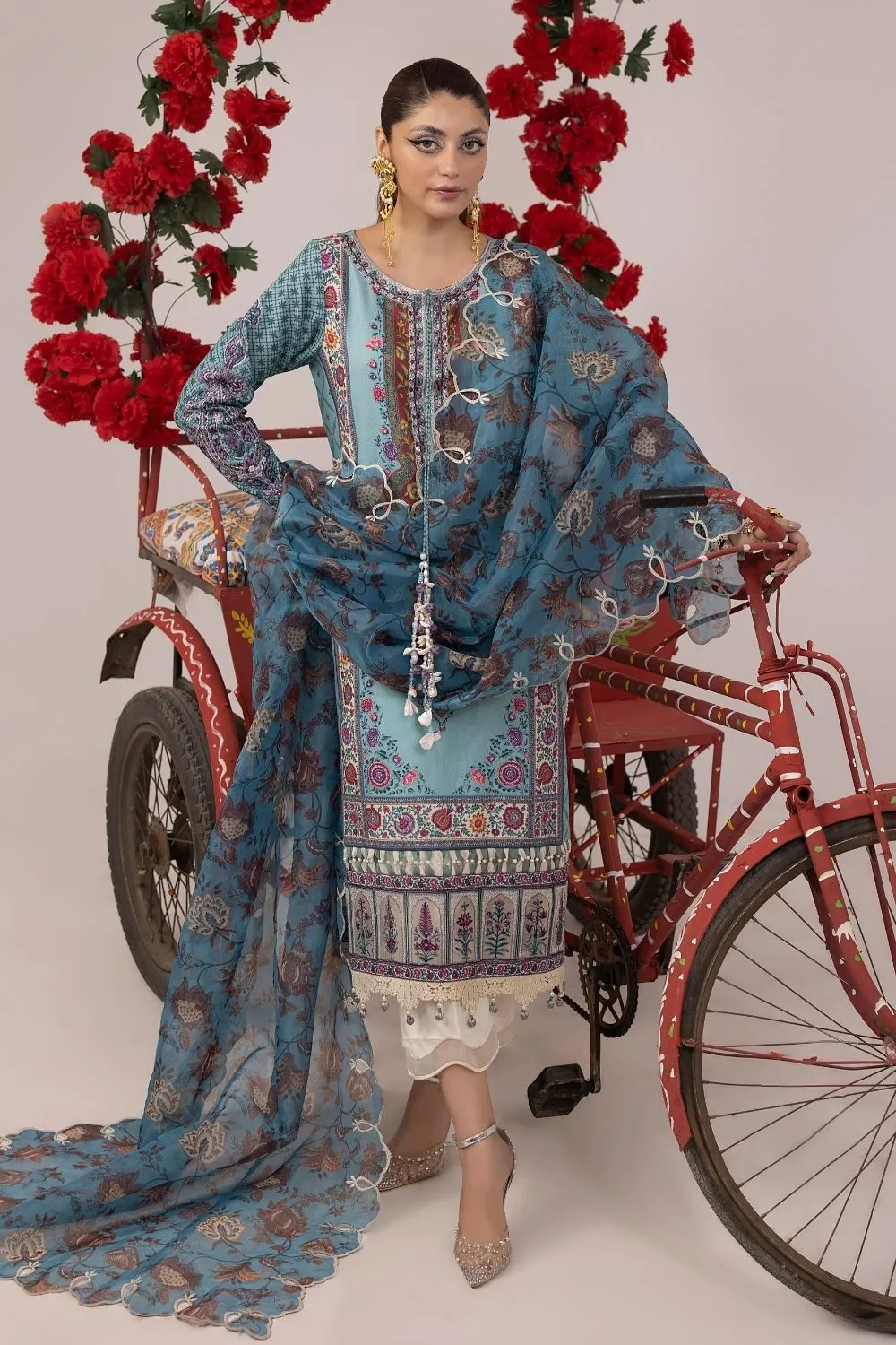 3PC Unstitched | Embroidered Lawn Suit | Organza Dupatta