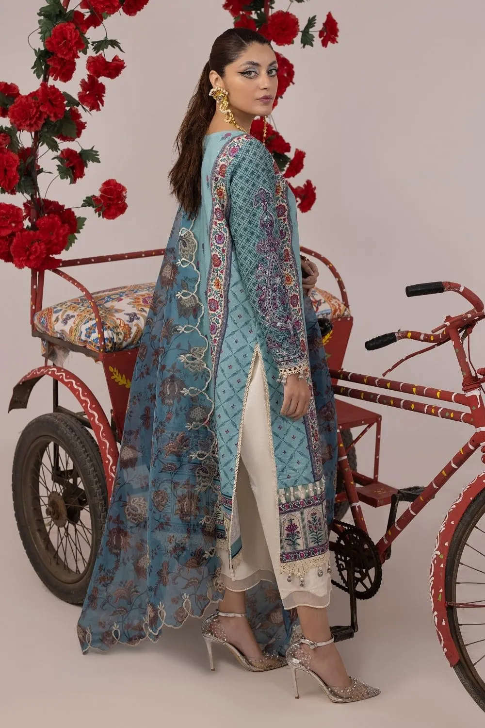 3PC Unstitched | Embroidered Lawn Suit | Organza Dupatta