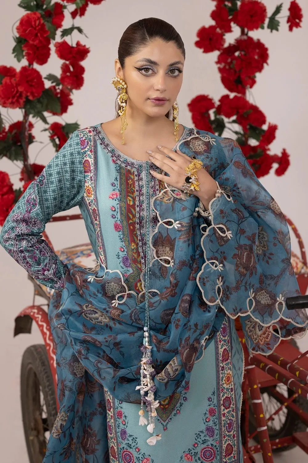 3PC Unstitched | Embroidered Lawn Suit | Organza Dupatta