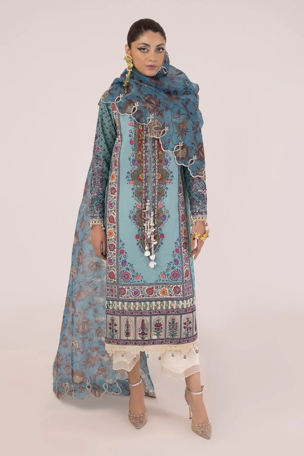 3PC Unstitched | Embroidered Lawn Suit | Organza Dupatta