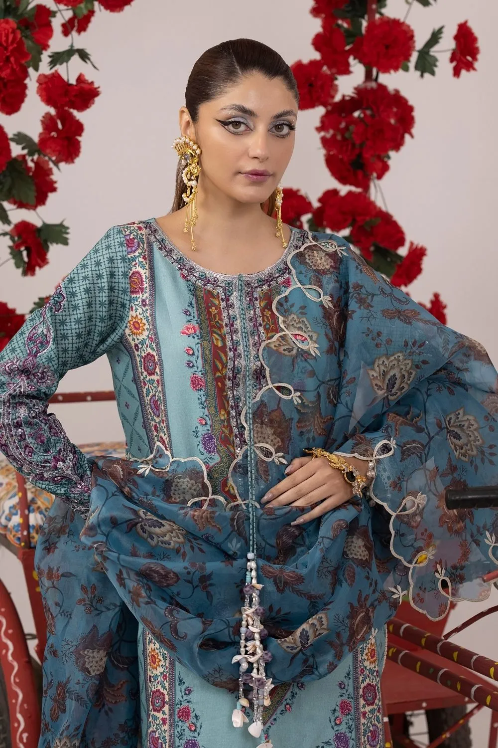 3PC Unstitched | Embroidered Lawn Suit | Organza Dupatta