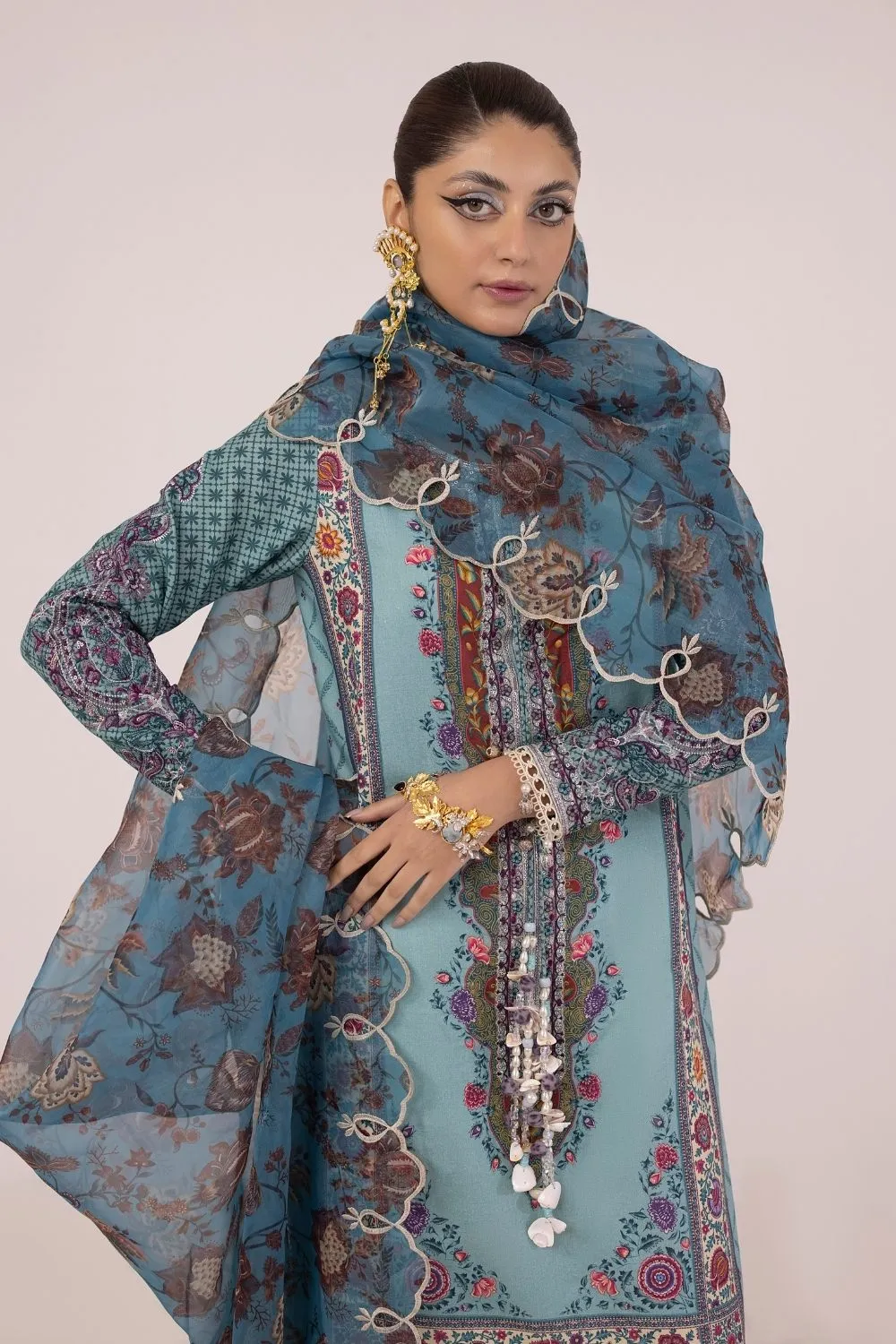 3PC Unstitched | Embroidered Lawn Suit | Organza Dupatta