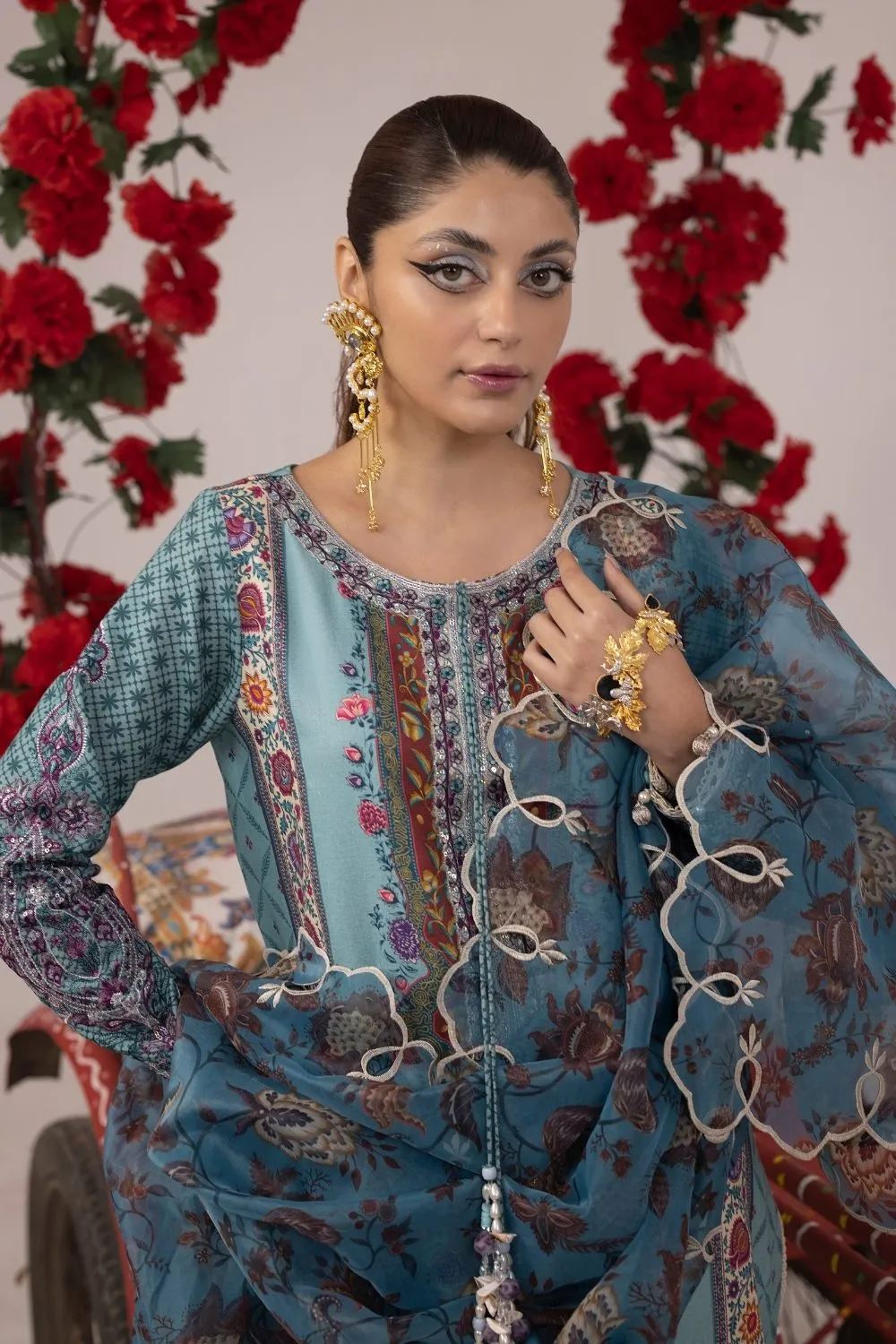 3PC Unstitched | Embroidered Lawn Suit | Organza Dupatta