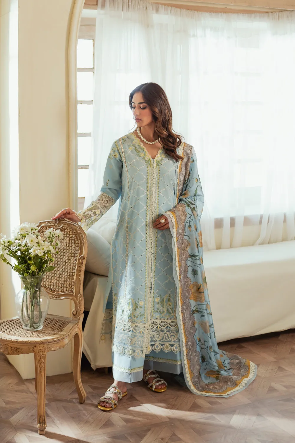 3PC Unstitched | Embroidered Lawn Suit | Silk Dupatta