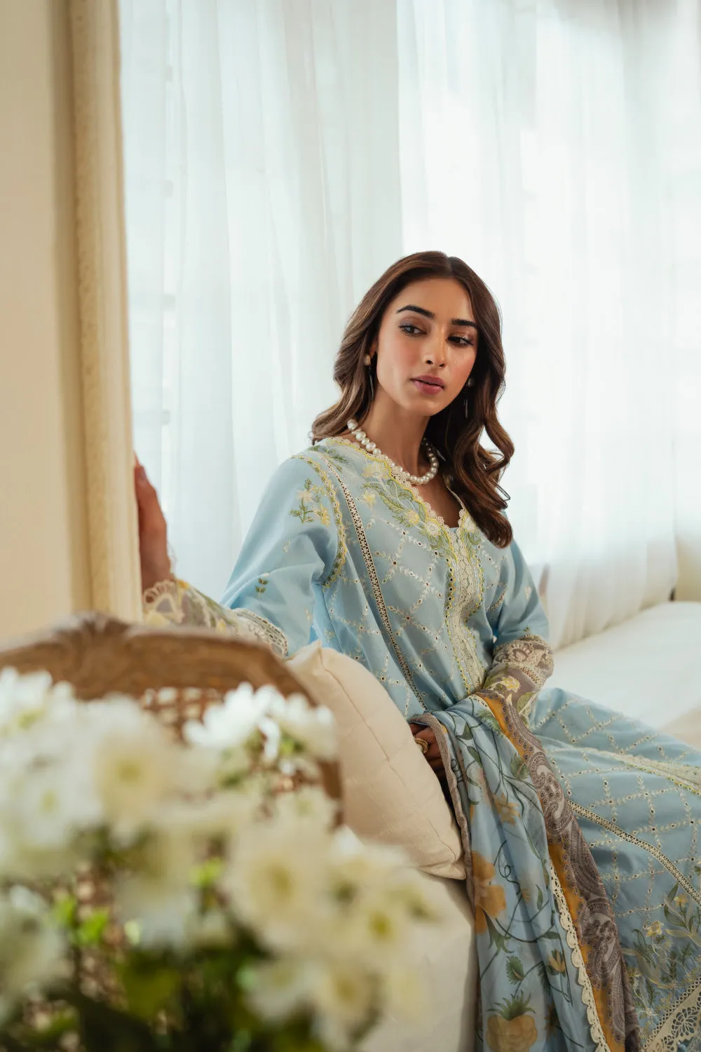 3PC Unstitched | Embroidered Lawn Suit | Silk Dupatta