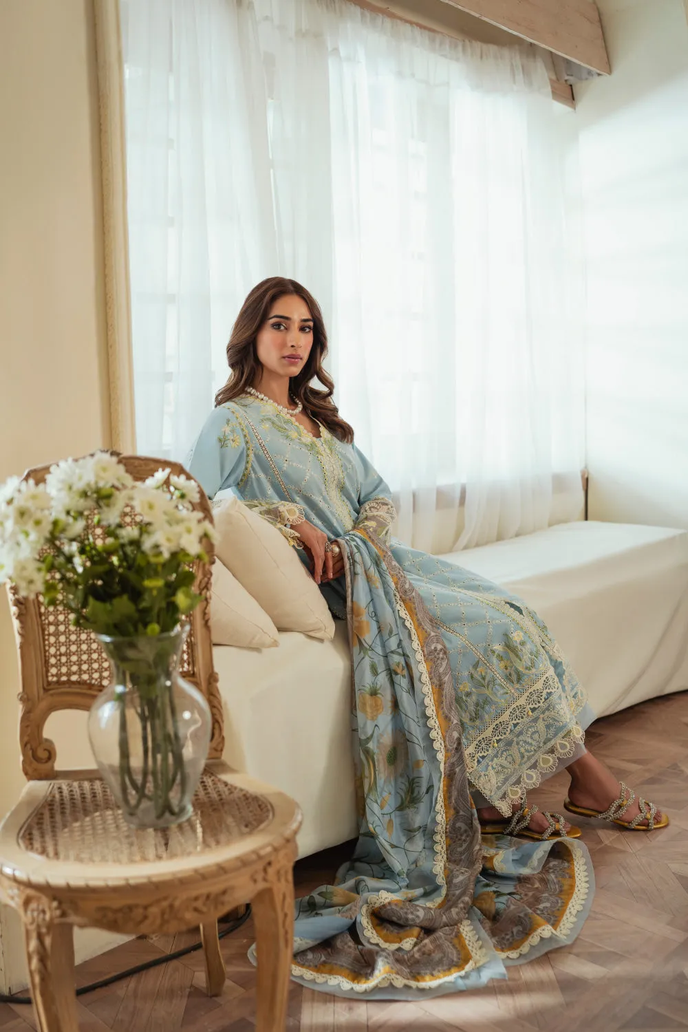 3PC Unstitched | Embroidered Lawn Suit | Silk Dupatta