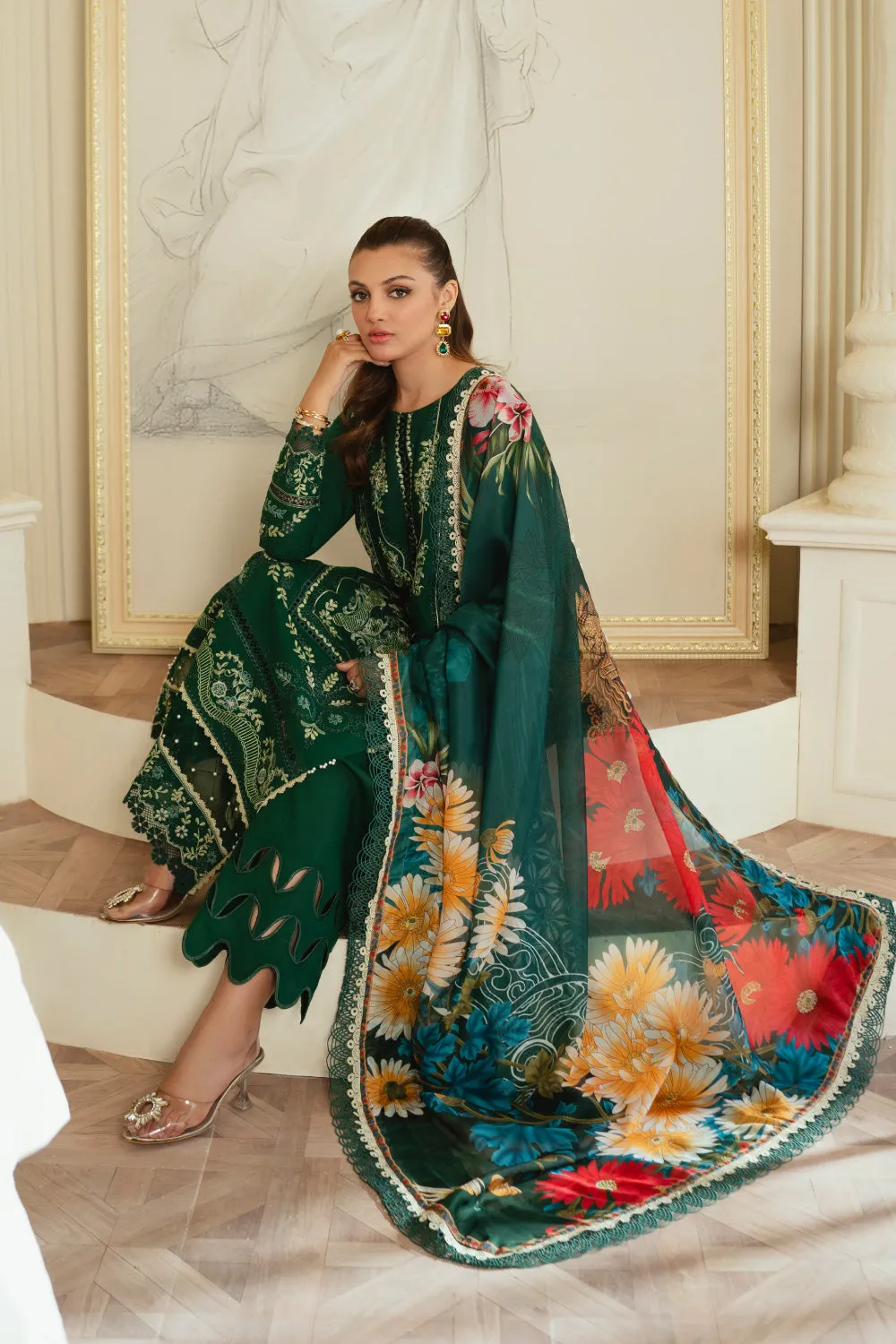 3PC Unstitched | Embroidered Lawn Suit | Silk Dupatta