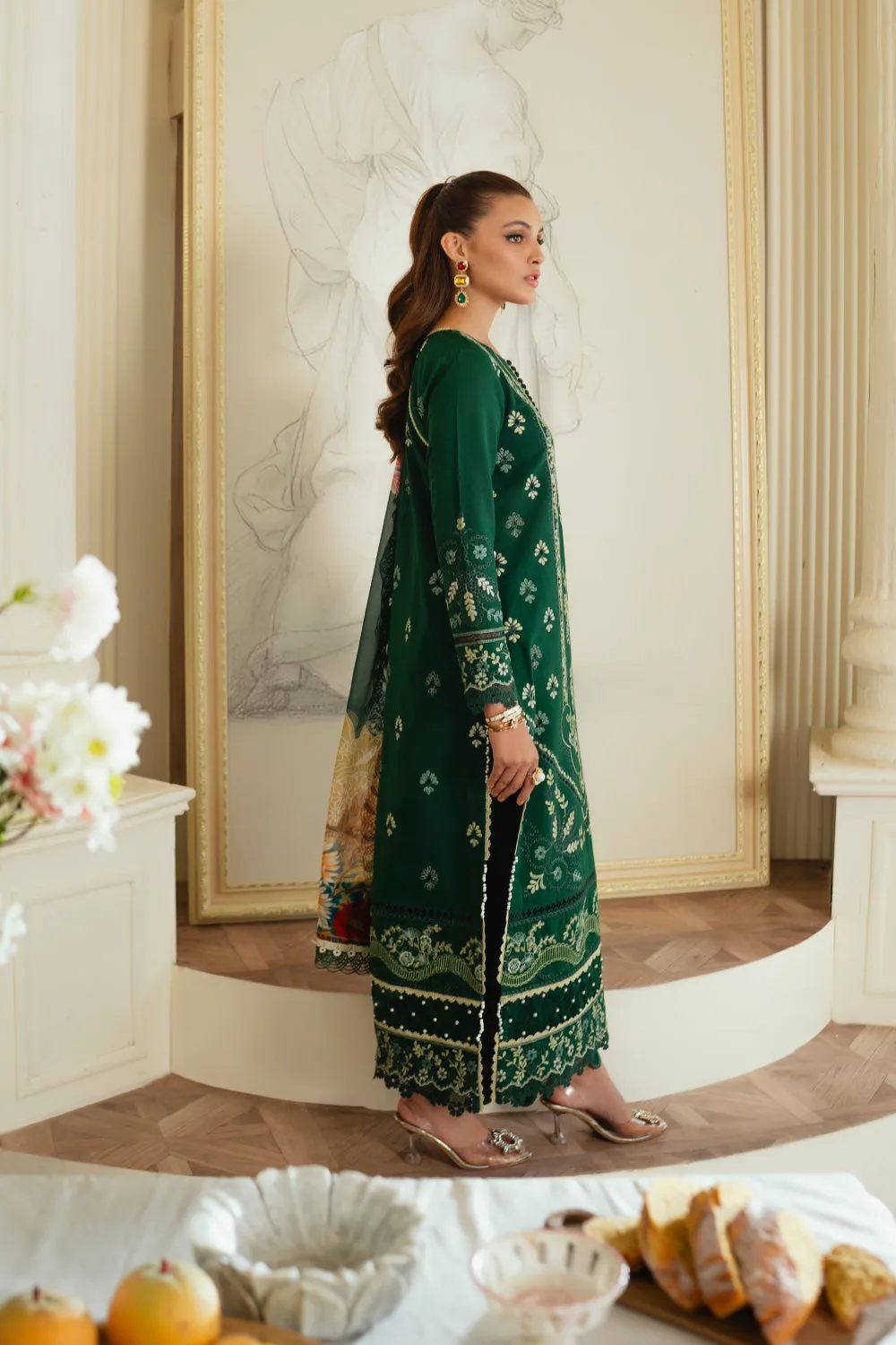 3PC Unstitched | Embroidered Lawn Suit | Silk Dupatta