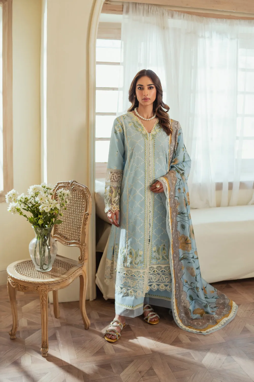 3PC Unstitched | Embroidered Lawn Suit | Silk Dupatta