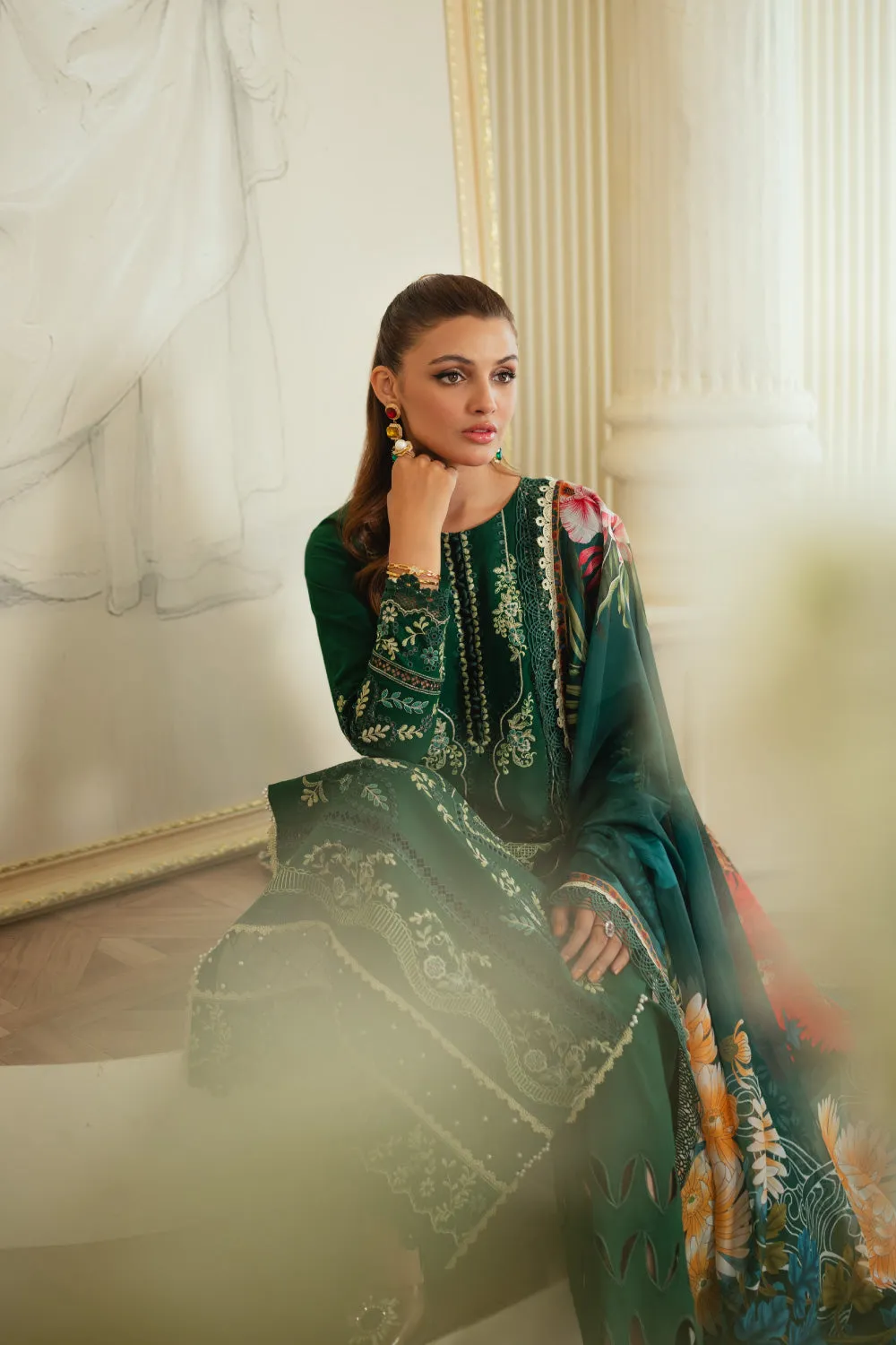 3PC Unstitched | Embroidered Lawn Suit | Silk Dupatta