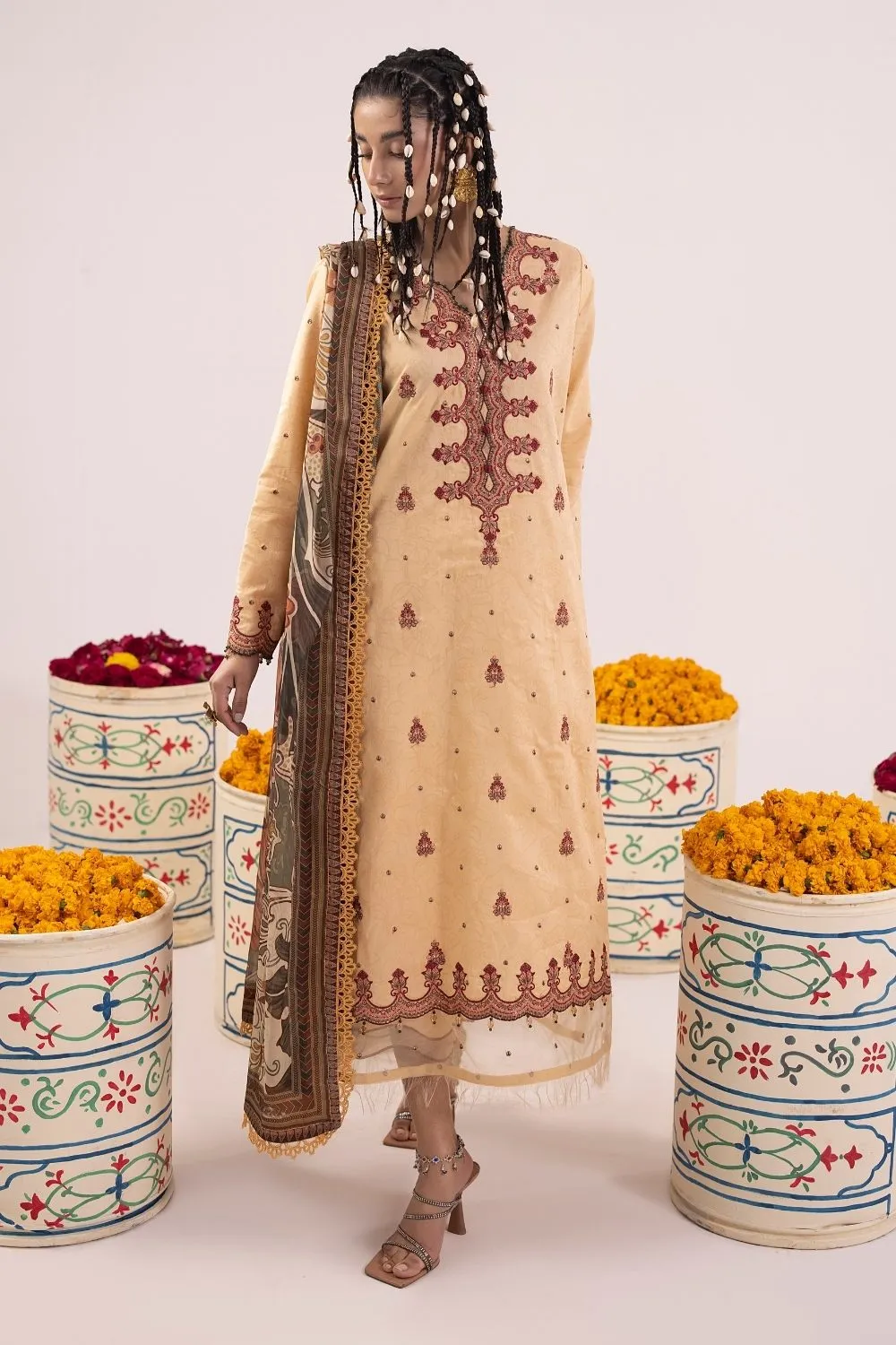 3PC Unstitched | Embroidered Lawn Suit | Tissue Silk Dupatta