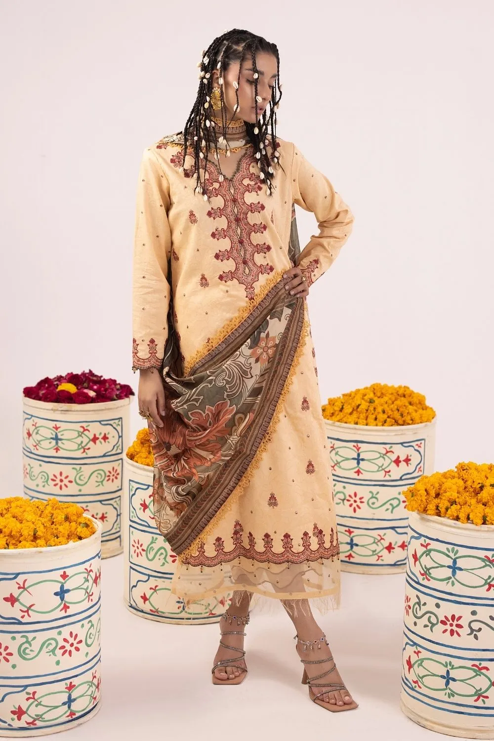3PC Unstitched | Embroidered Lawn Suit | Tissue Silk Dupatta