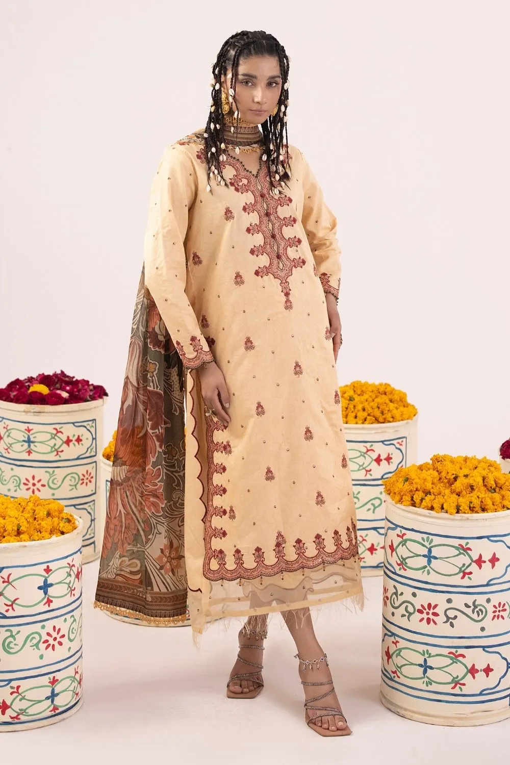 3PC Unstitched | Embroidered Lawn Suit | Tissue Silk Dupatta