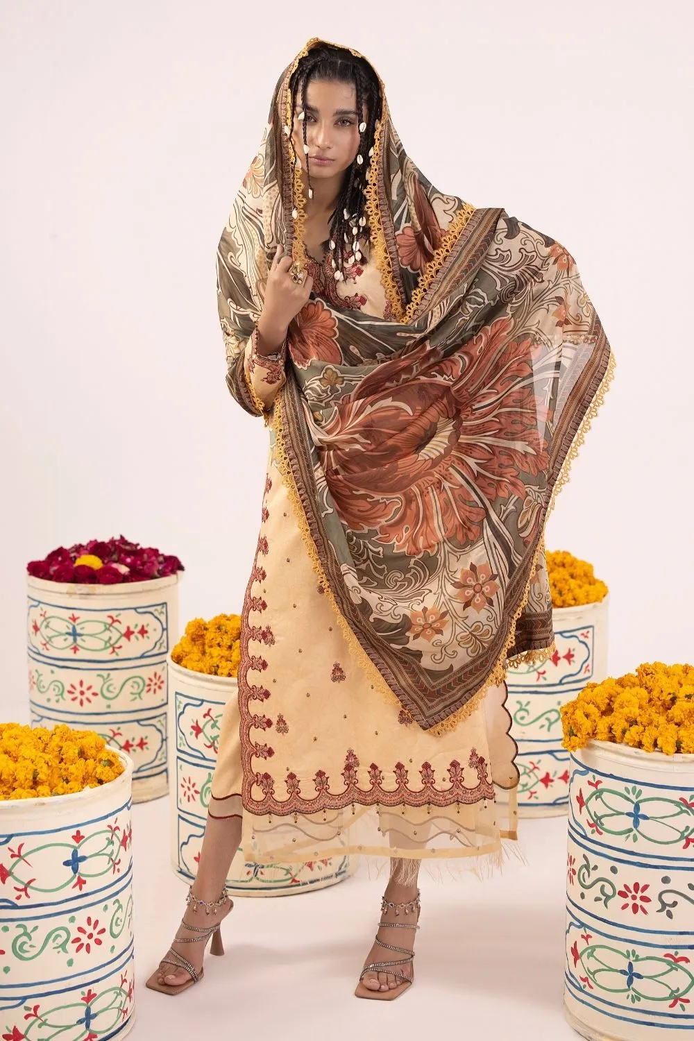 3PC Unstitched | Embroidered Lawn Suit | Tissue Silk Dupatta