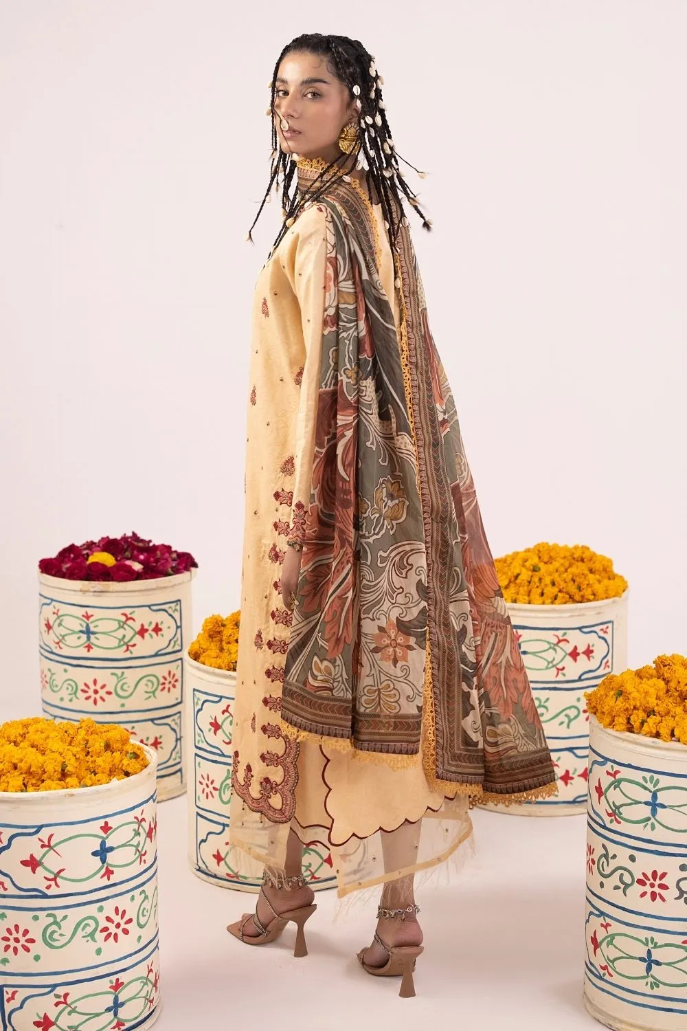 3PC Unstitched | Embroidered Lawn Suit | Tissue Silk Dupatta