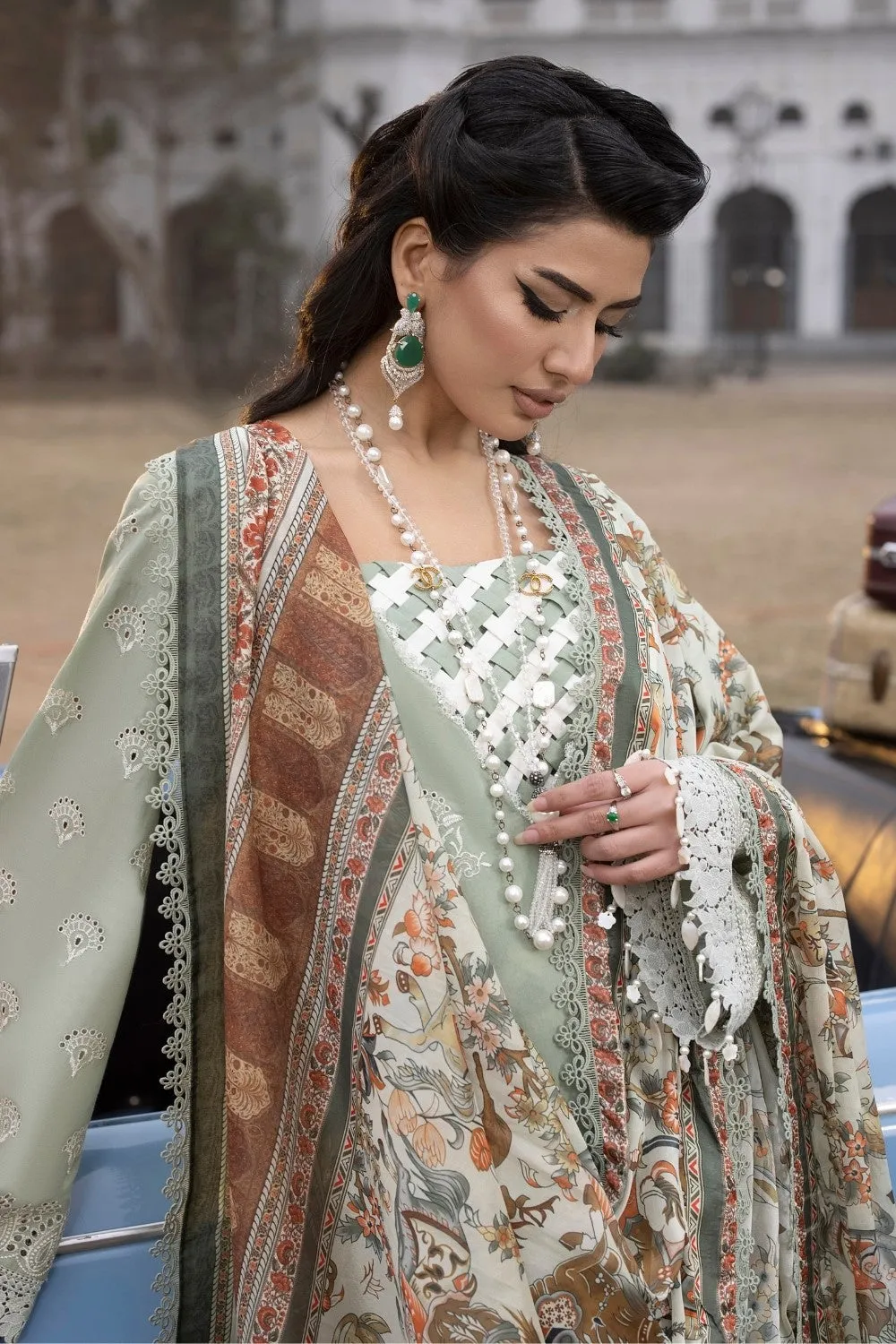 3PC Unstitched | Embroidered Lawn Suit | Tissue Silk Dupatta