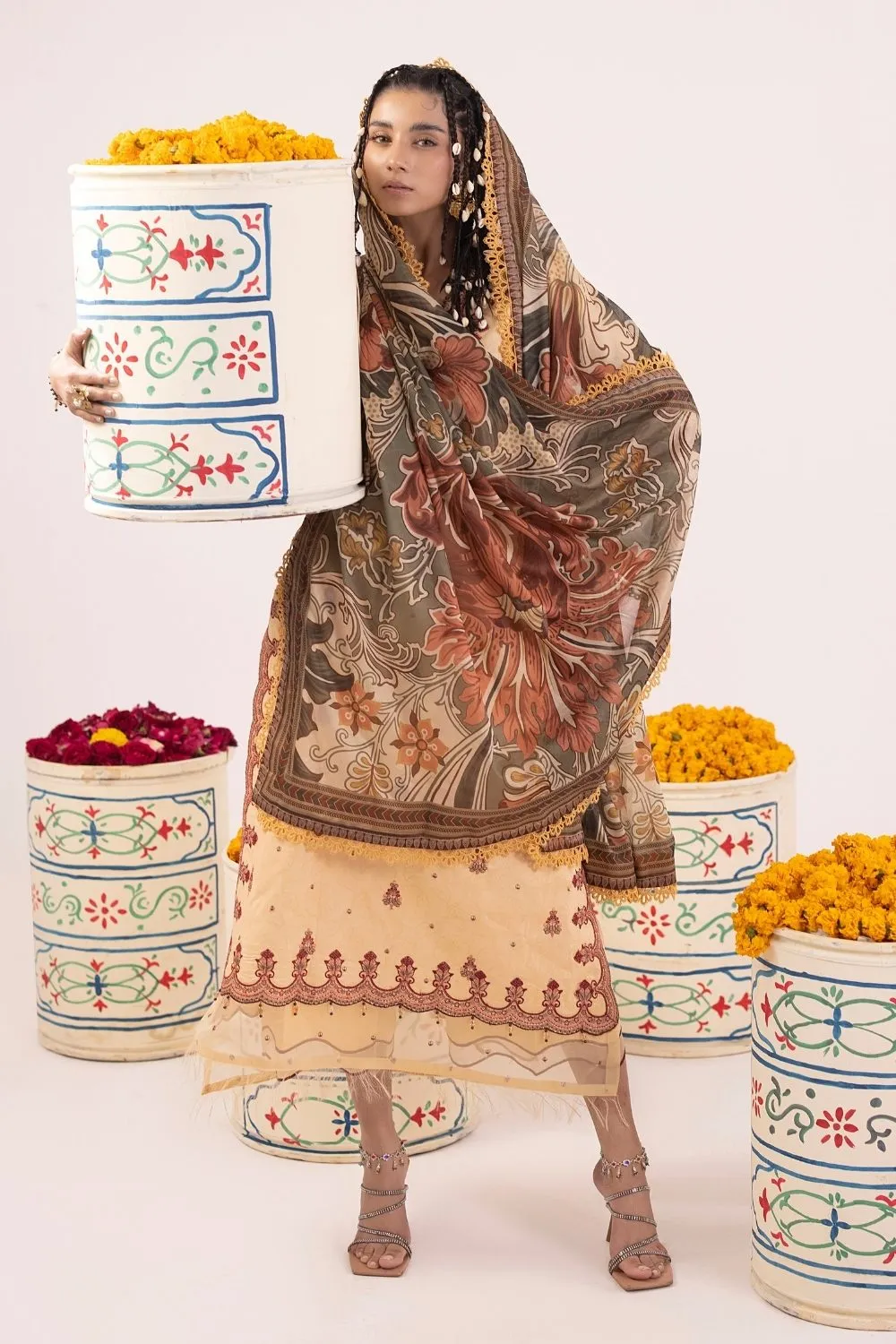 3PC Unstitched | Embroidered Lawn Suit | Tissue Silk Dupatta