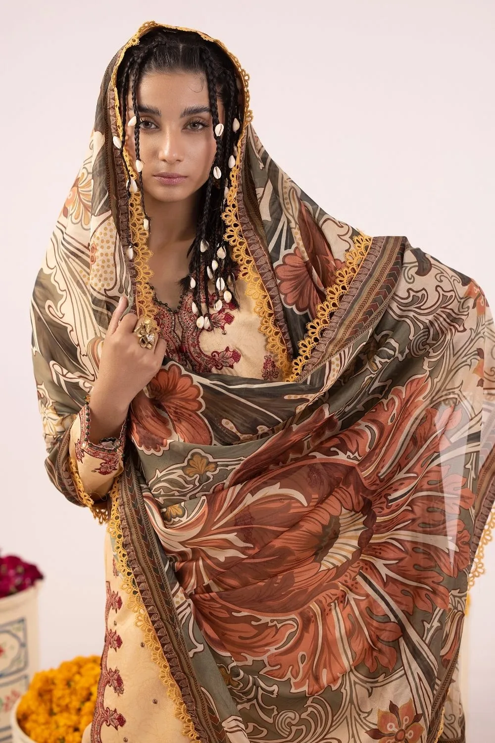 3PC Unstitched | Embroidered Lawn Suit | Tissue Silk Dupatta