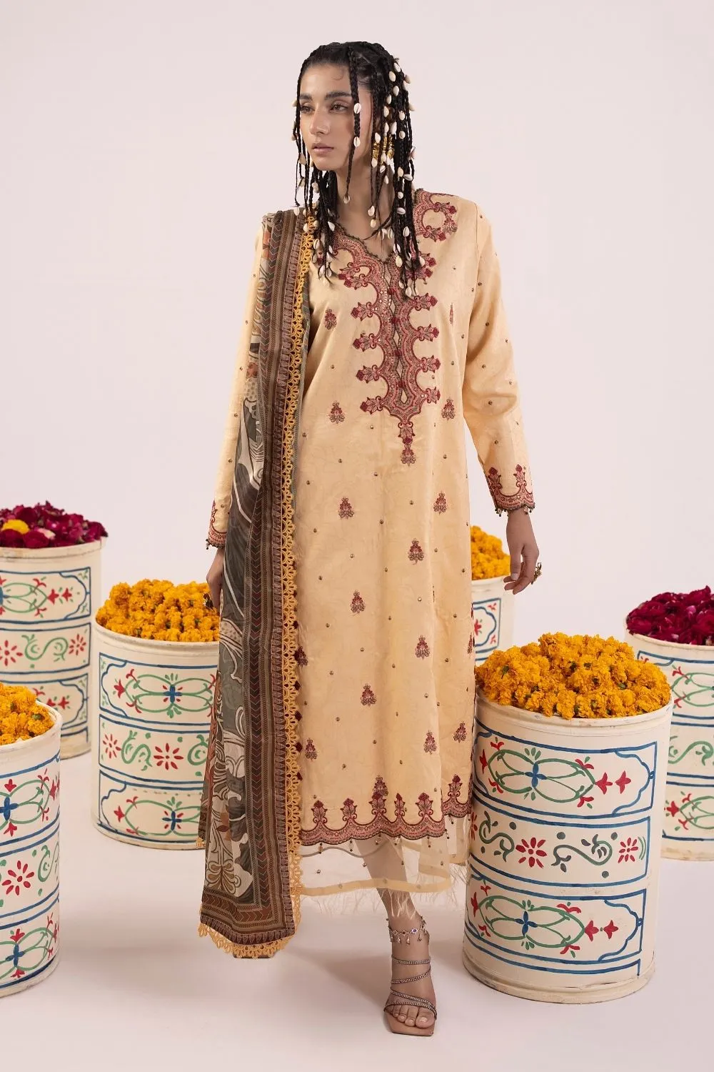 3PC Unstitched | Embroidered Lawn Suit | Tissue Silk Dupatta
