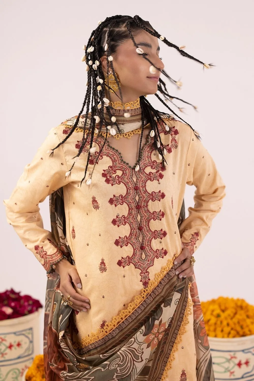 3PC Unstitched | Embroidered Lawn Suit | Tissue Silk Dupatta