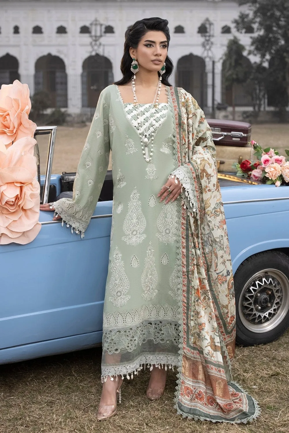 3PC Unstitched | Embroidered Lawn Suit | Tissue Silk Dupatta