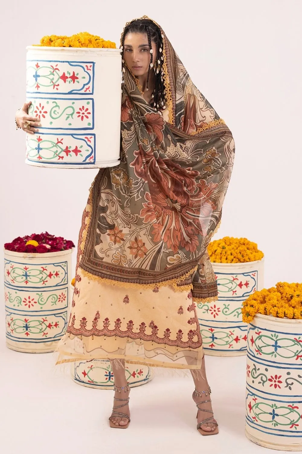 3PC Unstitched | Embroidered Lawn Suit | Tissue Silk Dupatta