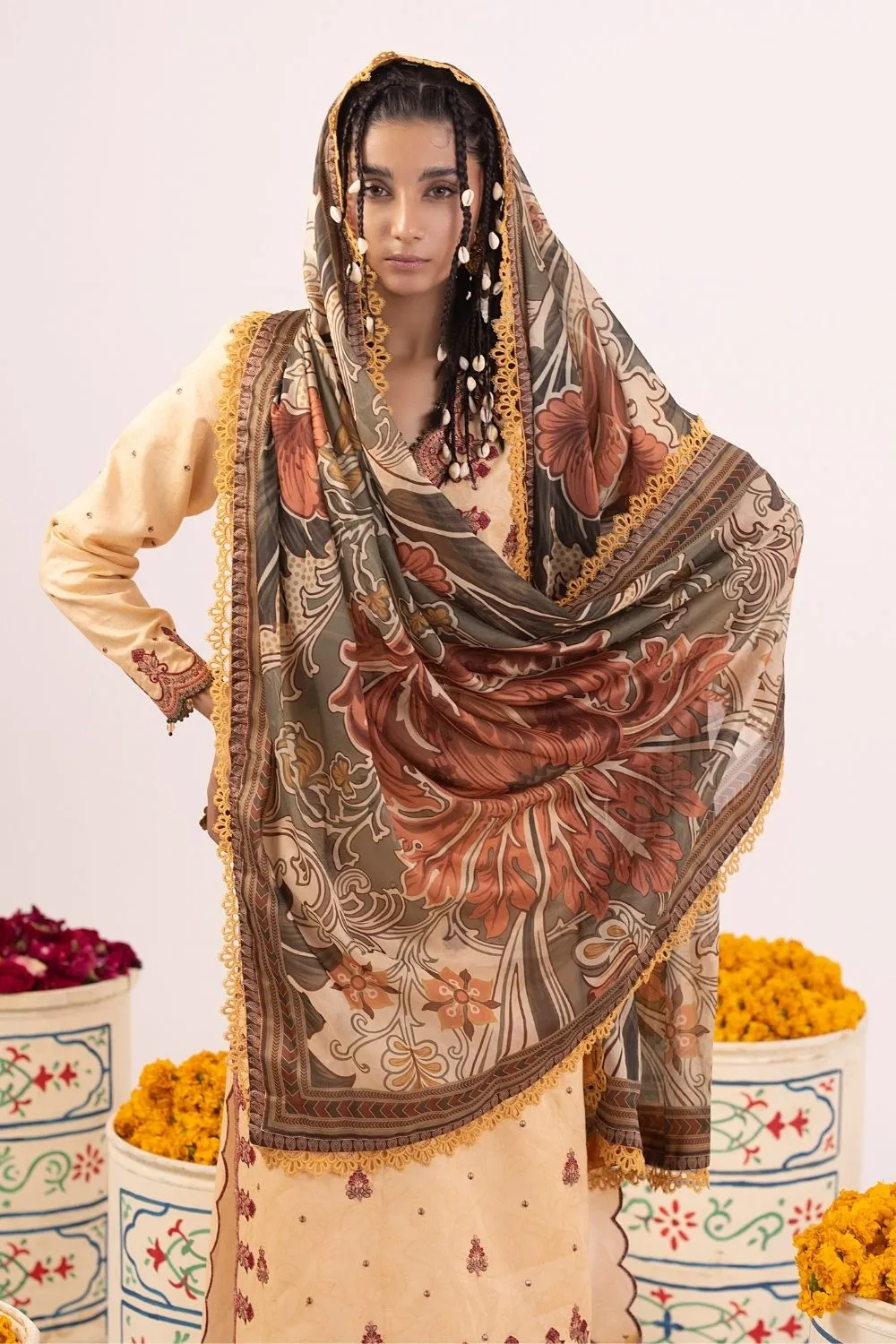 3PC Unstitched | Embroidered Lawn Suit | Tissue Silk Dupatta