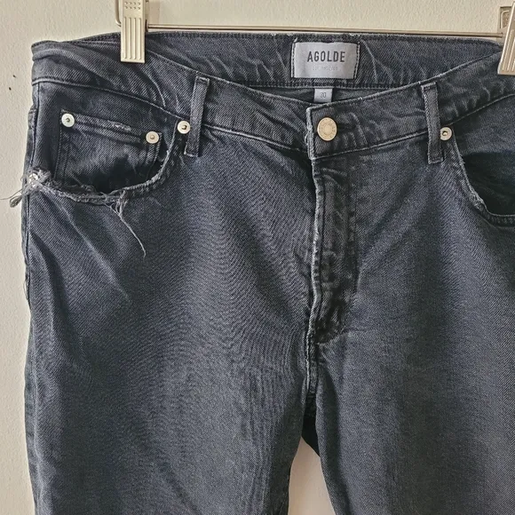 Agolde Toni Midrise Straight Black Raw Hem Distressed Denim Jeans