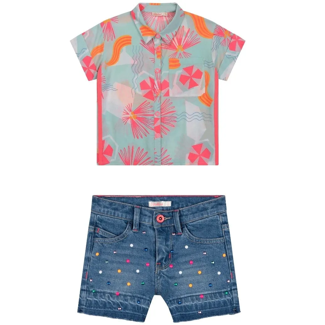 BILLIEBLUSH - Blouse & Dot Denim Short Set - Blue