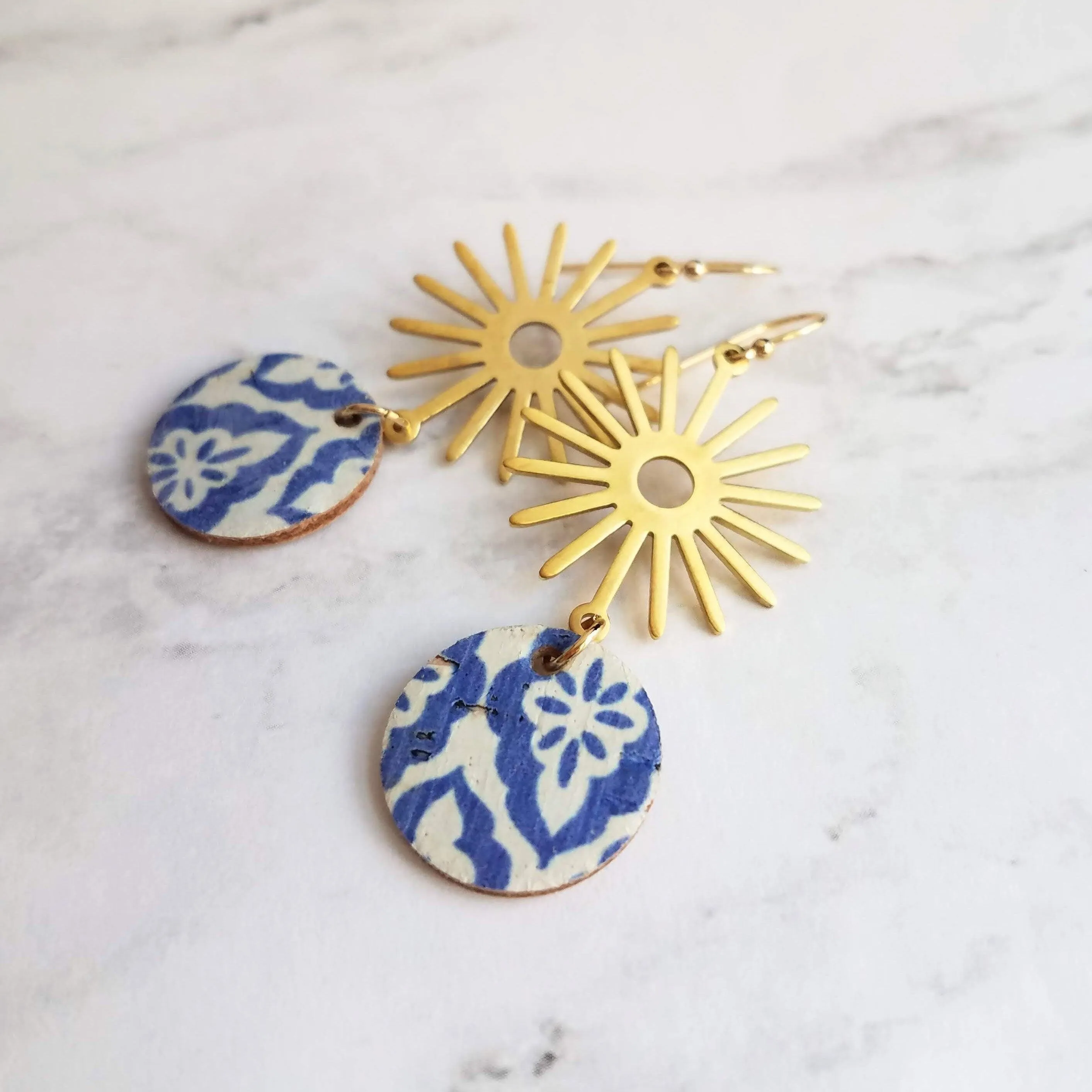 Blue Gold Sun Earrings, Moroccan earring, cork earring, blue white earring, tile pattern earring, sun ray dangle, 2.5 inch long, sunshine