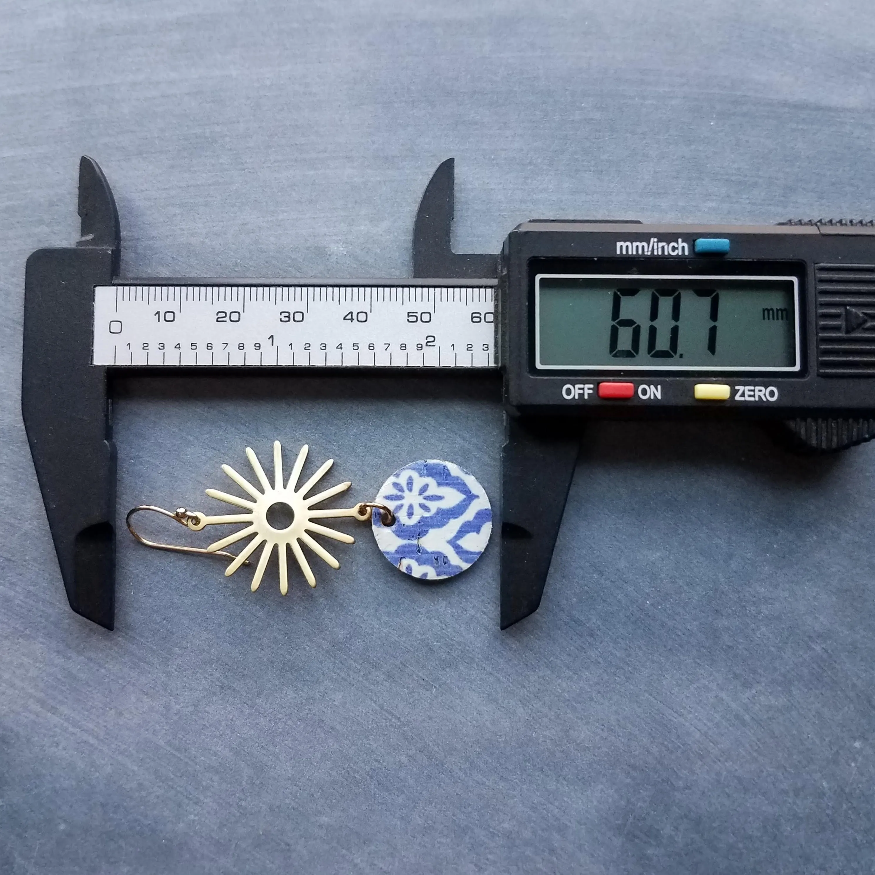 Blue Gold Sun Earrings, Moroccan earring, cork earring, blue white earring, tile pattern earring, sun ray dangle, 2.5 inch long, sunshine