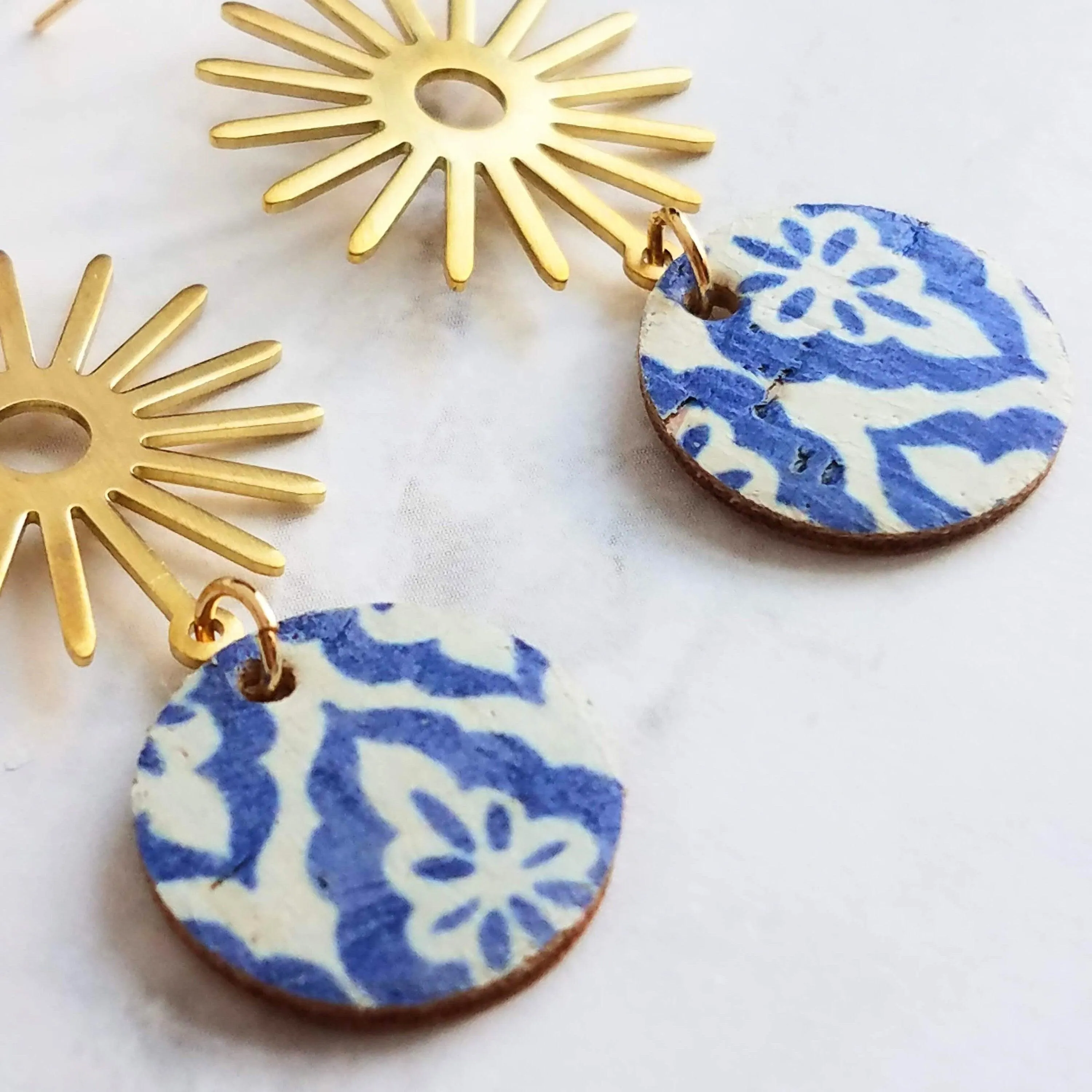 Blue Gold Sun Earrings, Moroccan earring, cork earring, blue white earring, tile pattern earring, sun ray dangle, 2.5 inch long, sunshine