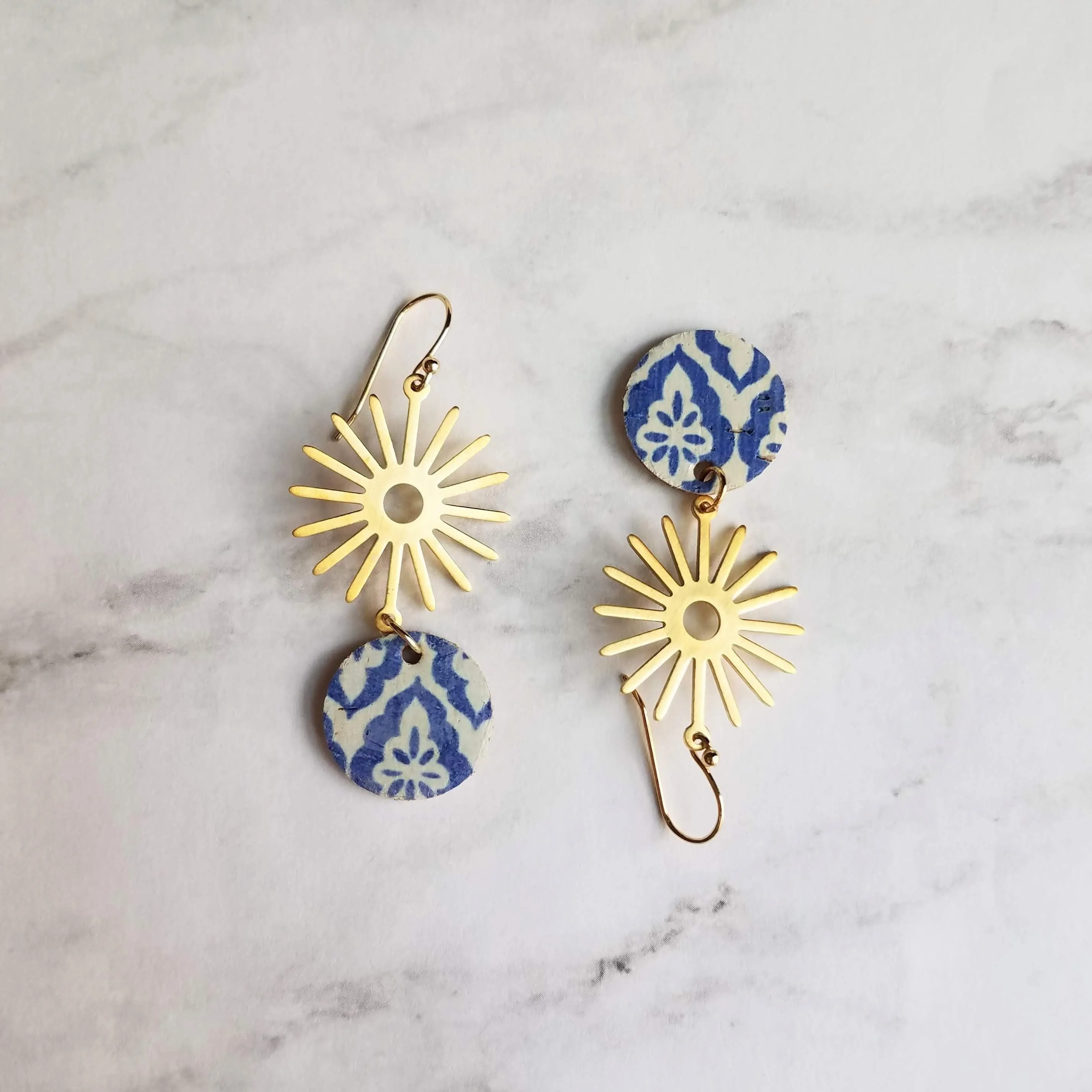 Blue Gold Sun Earrings, Moroccan earring, cork earring, blue white earring, tile pattern earring, sun ray dangle, 2.5 inch long, sunshine