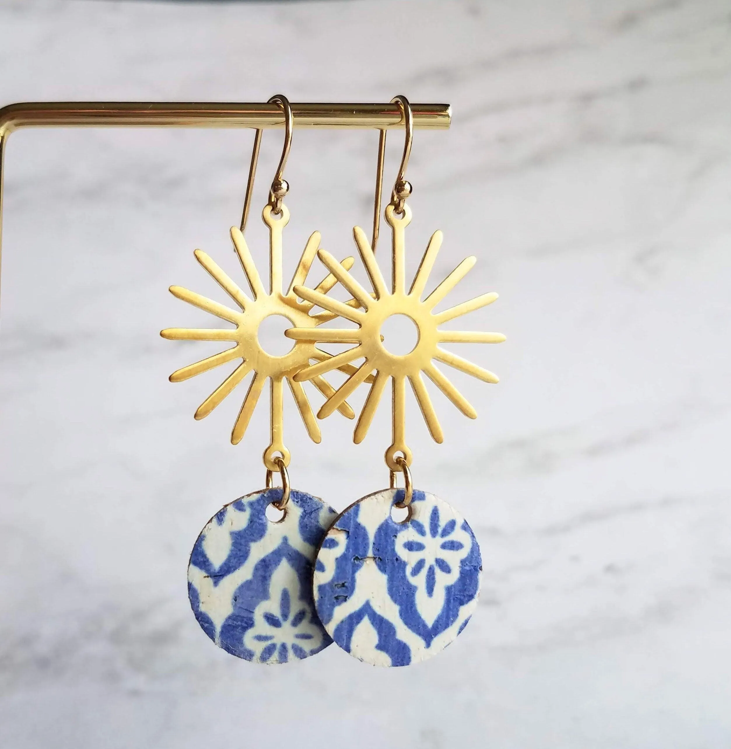 Blue Gold Sun Earrings, Moroccan earring, cork earring, blue white earring, tile pattern earring, sun ray dangle, 2.5 inch long, sunshine