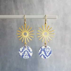Blue Gold Sun Earrings, Moroccan earring, cork earring, blue white earring, tile pattern earring, sun ray dangle, 2.5 inch long, sunshine