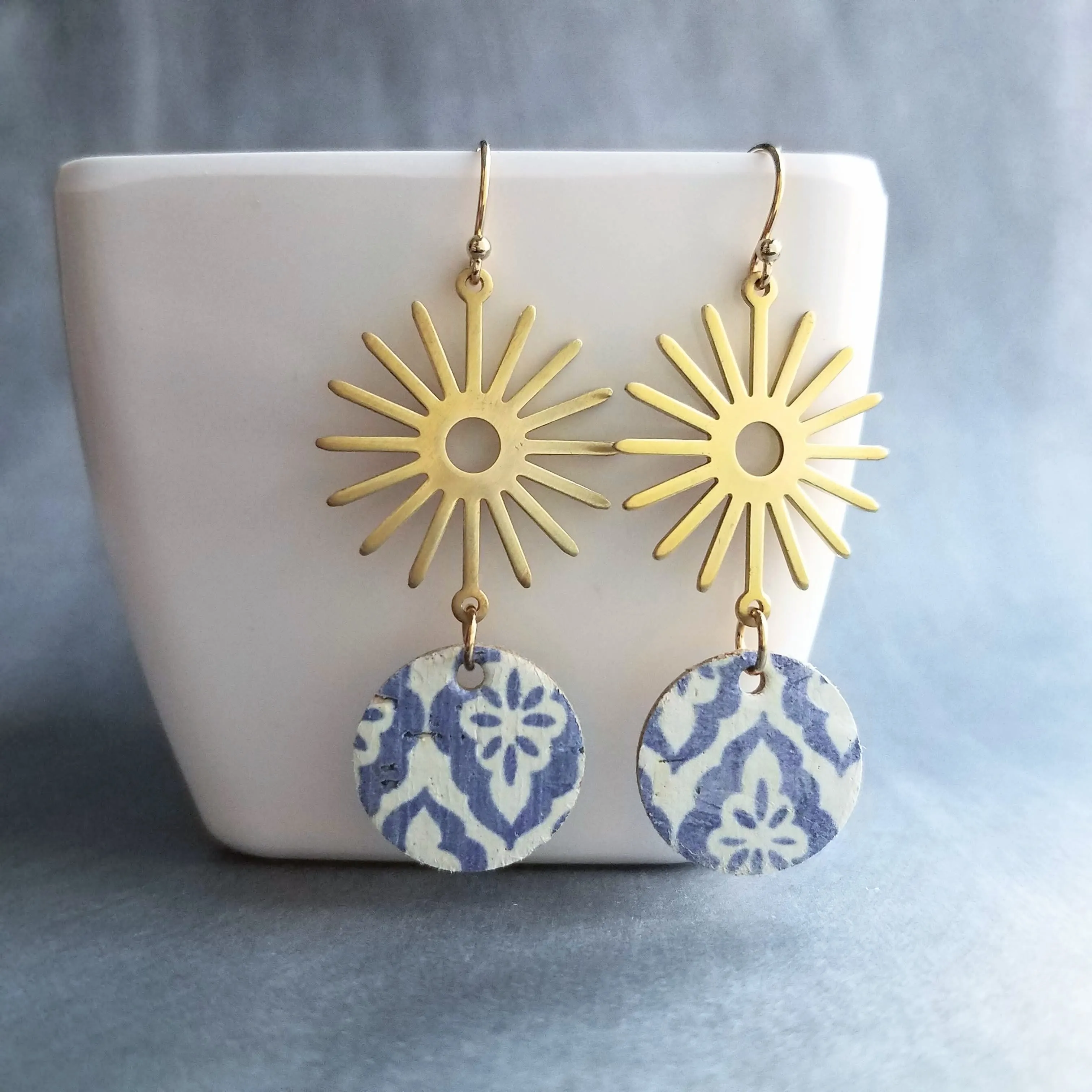 Blue Gold Sun Earrings, Moroccan earring, cork earring, blue white earring, tile pattern earring, sun ray dangle, 2.5 inch long, sunshine