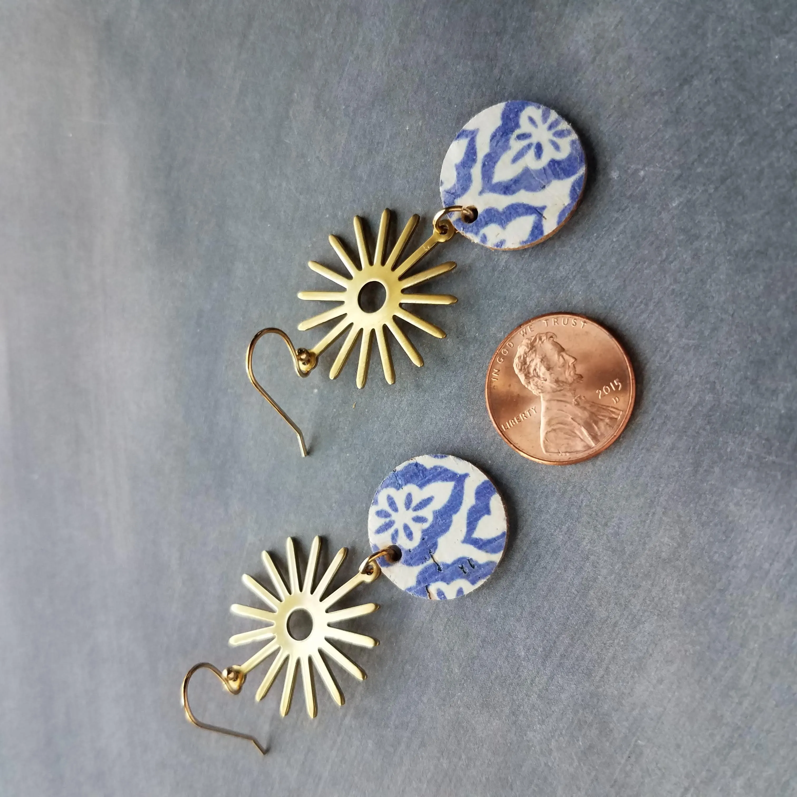 Blue Gold Sun Earrings, Moroccan earring, cork earring, blue white earring, tile pattern earring, sun ray dangle, 2.5 inch long, sunshine