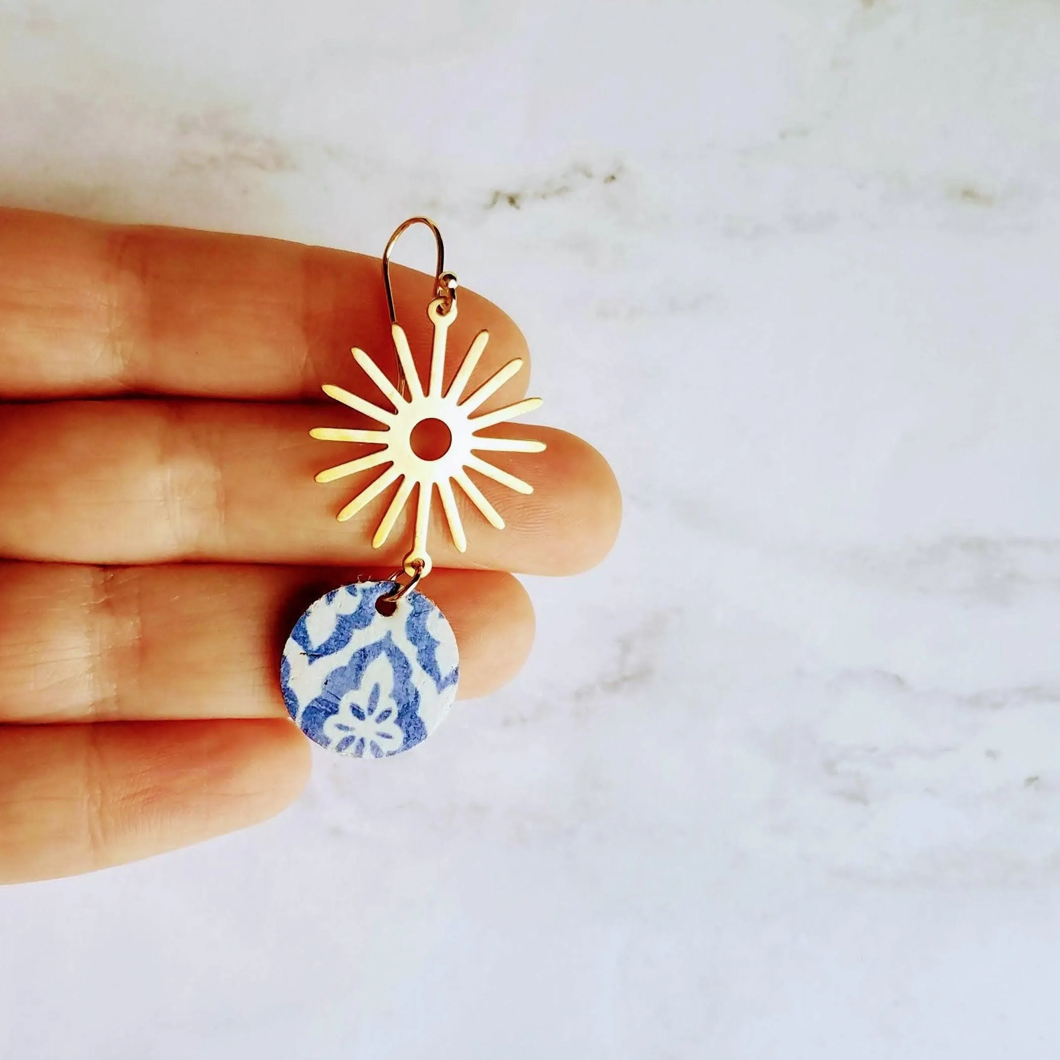 Blue Gold Sun Earrings, Moroccan earring, cork earring, blue white earring, tile pattern earring, sun ray dangle, 2.5 inch long, sunshine