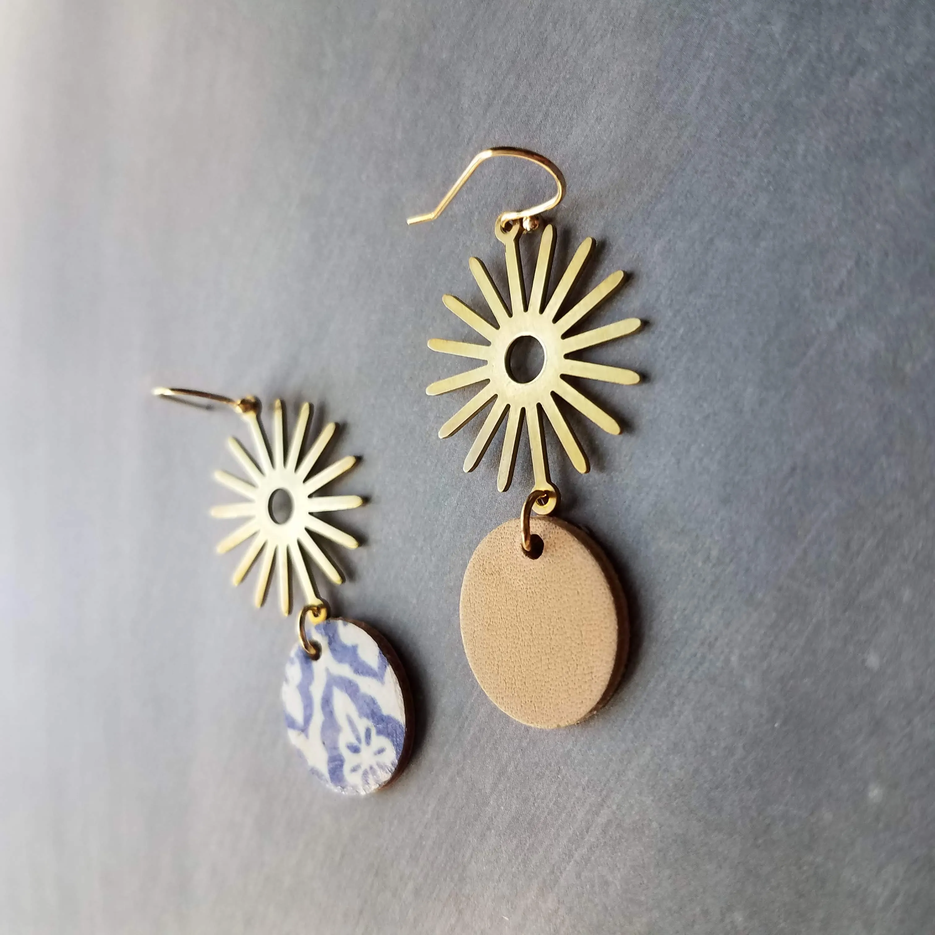 Blue Gold Sun Earrings, Moroccan earring, cork earring, blue white earring, tile pattern earring, sun ray dangle, 2.5 inch long, sunshine