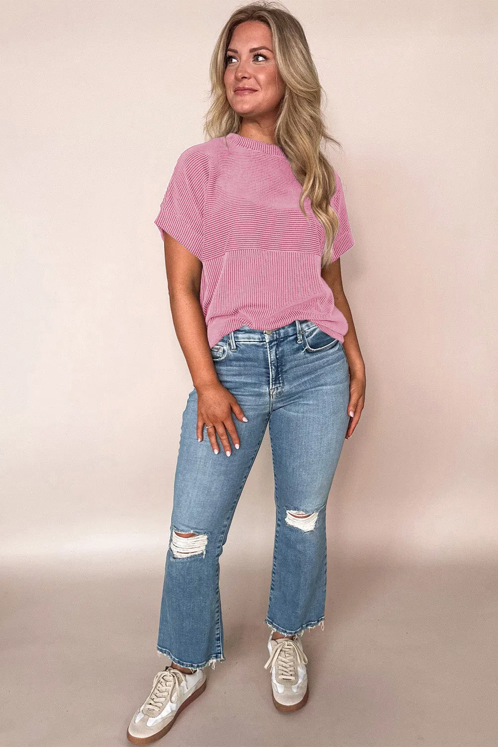 Bright Pink Plain Corded Knit Mock Neck T Shirt
