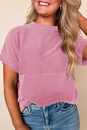 Bright Pink Plain Corded Knit Mock Neck T Shirt